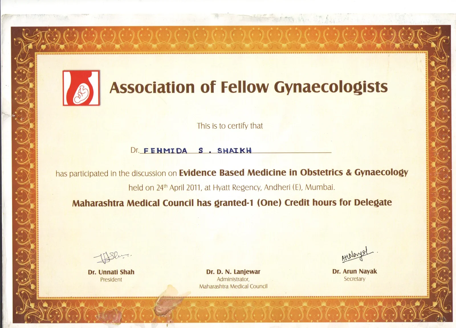 Certificate of Attendance for Dr. Fehmida Shaikh at Association of Fellow Gynaecologists CME on Evidence Based Medicine