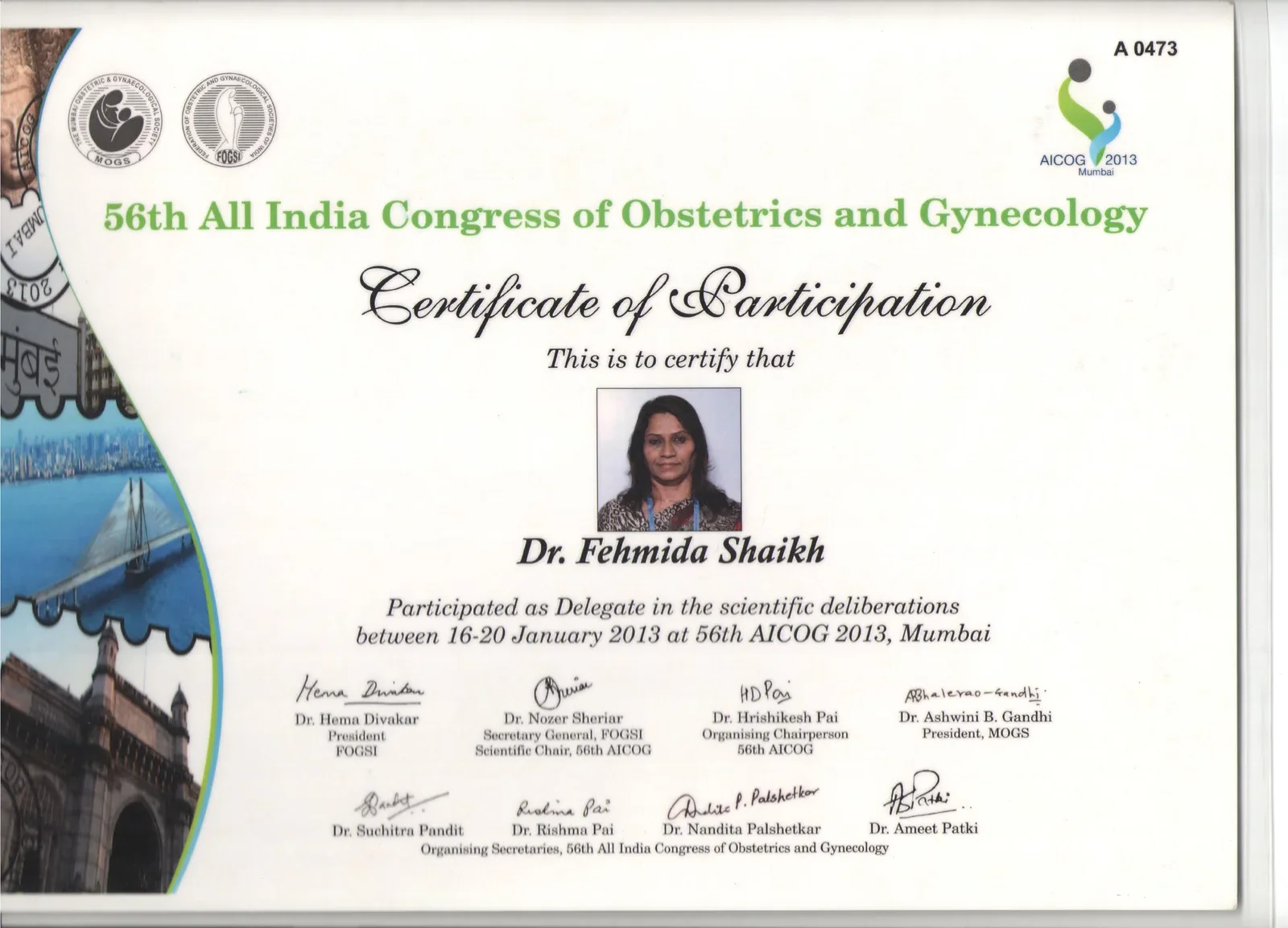 Certificate of Participation for Dr. Fehmida Shaikh at the 56th All India Congress of Obstetrics and Gynaecology