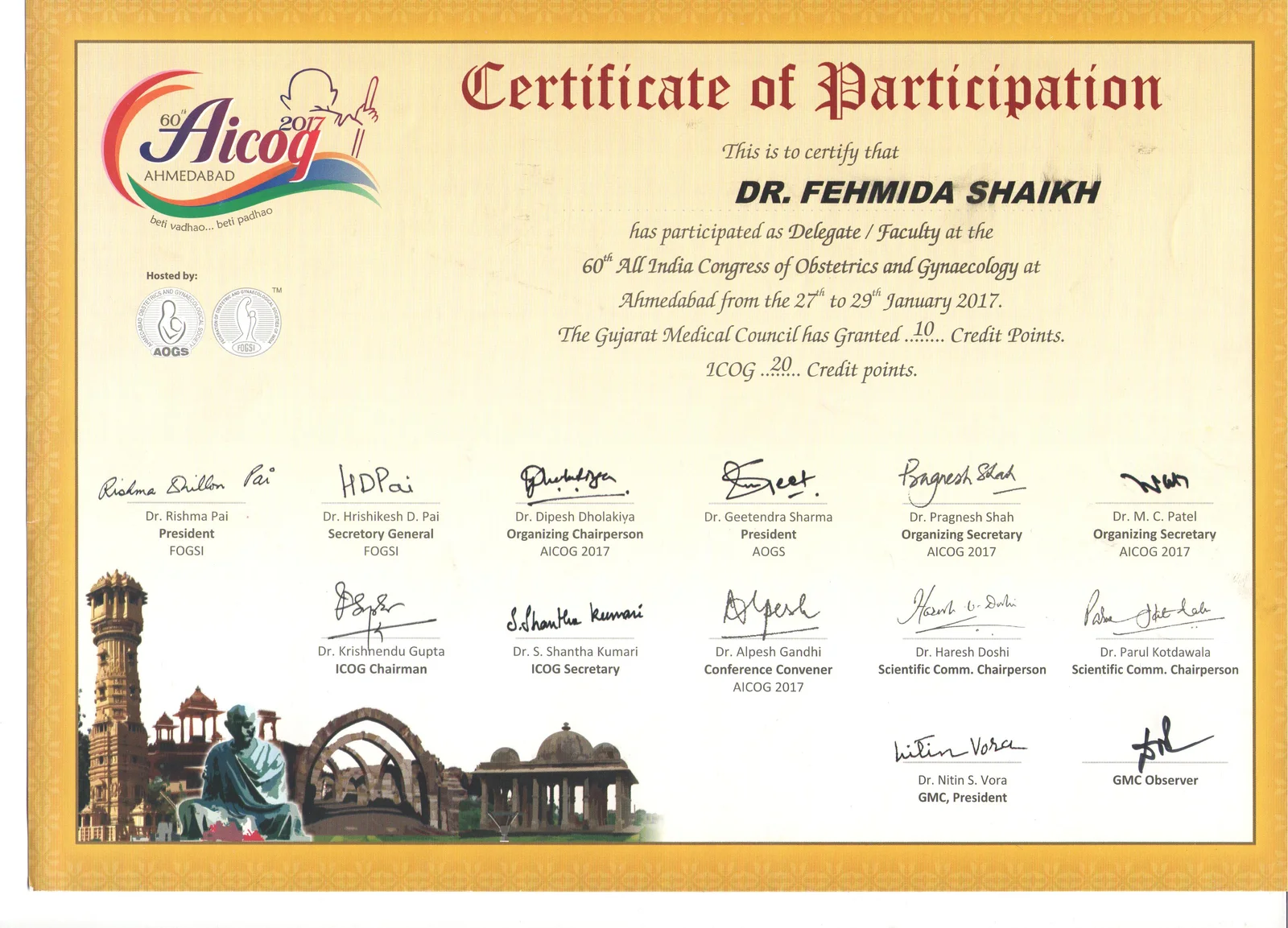 Certificate of Participation awarded to Dr. Fehmida Shaikh as Delegate and Faculty at the 60th All India Congress of Obstetrics and Gynaecology Ahmedabad