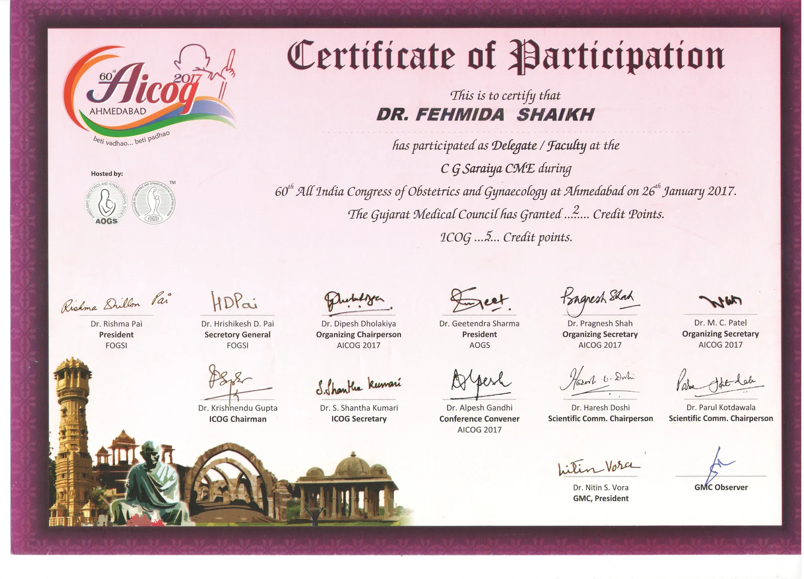 Certificate of Participation awarded to Dr. Fehmida Shaikh at AICOG Ahmedabad 2017