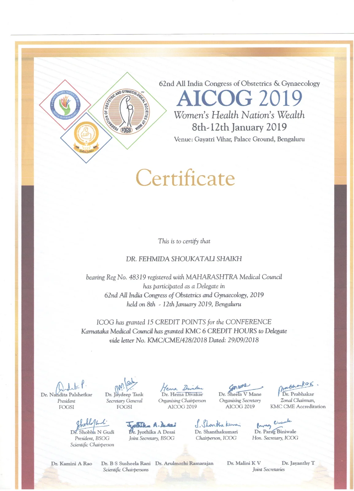 Certificate of Attendance for Dr. Fehmida Shaikh at AICOG 2019 clinical obstetrics sessions