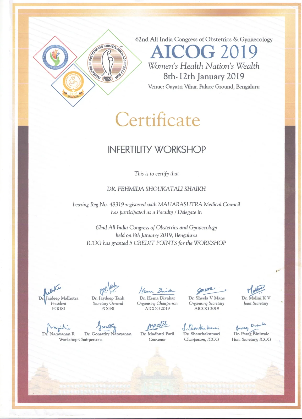 Certificate of Participation for Dr. Fehmida Shaikh at the 62nd AICOG Infertility Workshop in Bengaluru