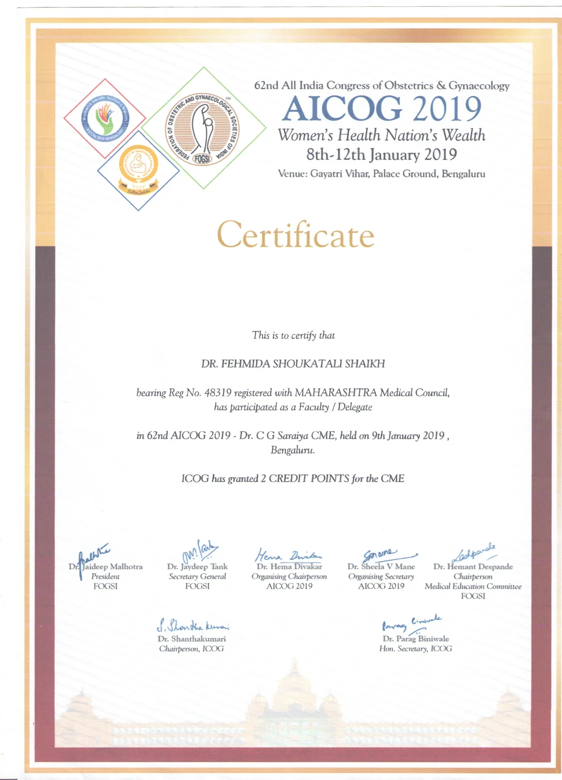 Certificate of Attendance for Dr. Fehmida Shaikh at the 62nd AICOG Congress Bengaluru