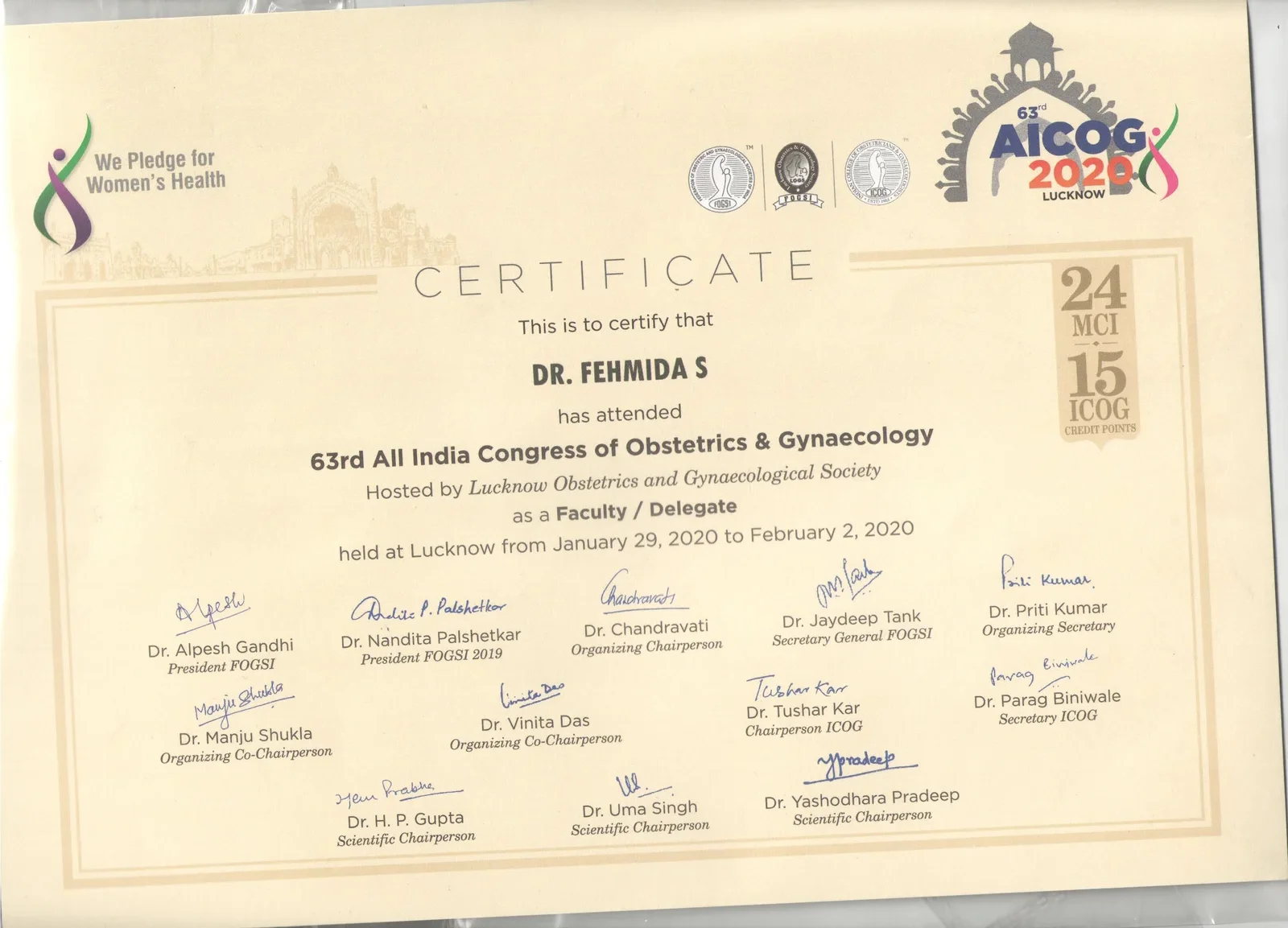 Certificate of Participation for Dr. Fehmida Shaikh at the 63rd All India Congress of Obstetrics and Gynaecology Lucknow