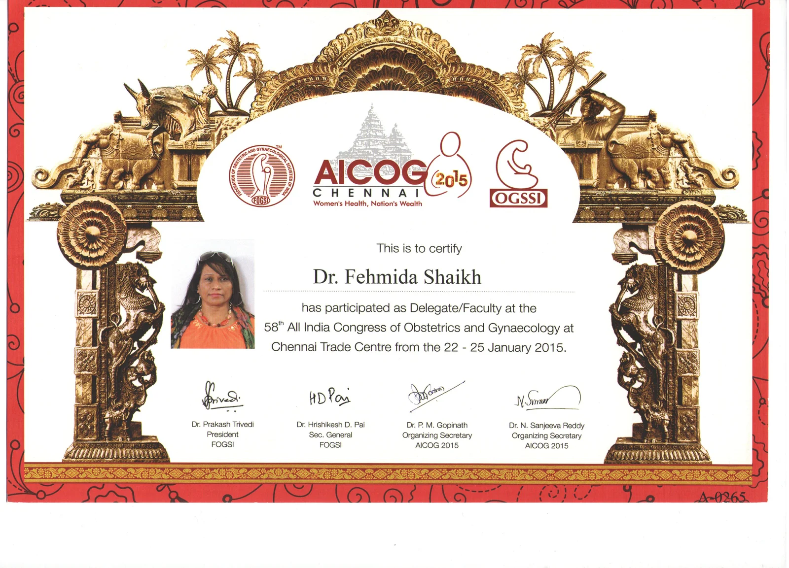 Certificate of Attendance awarded to Dr. Fehmida Shaikh at AICOG Chennai National Congress