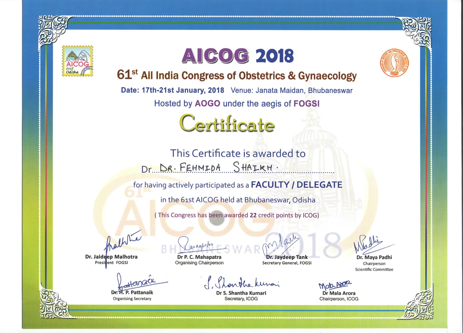 Certificate of Participation for Dr. Fehmida Shaikh at the 61st All India Congress of Obstetrics and Gynaecology Odisha