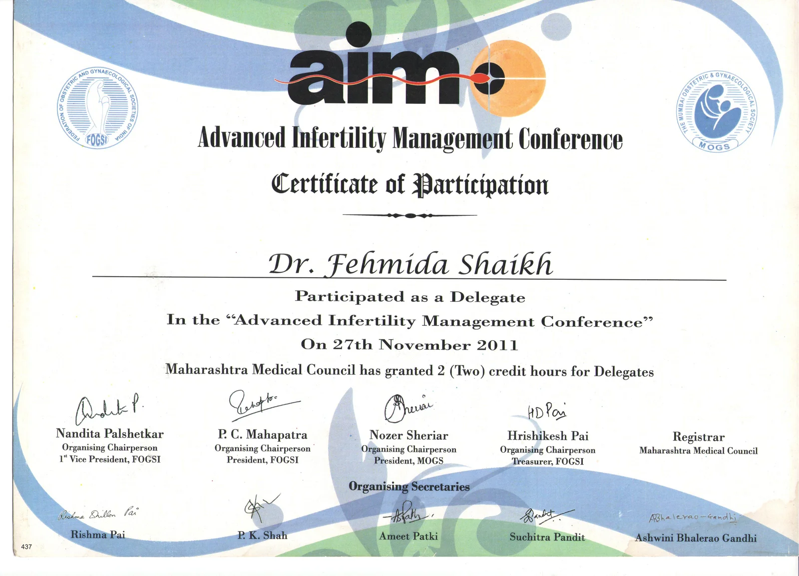 Certificate of Participation for Dr. Fehmida Shaikh at AIM Advanced Infertility Management Conference