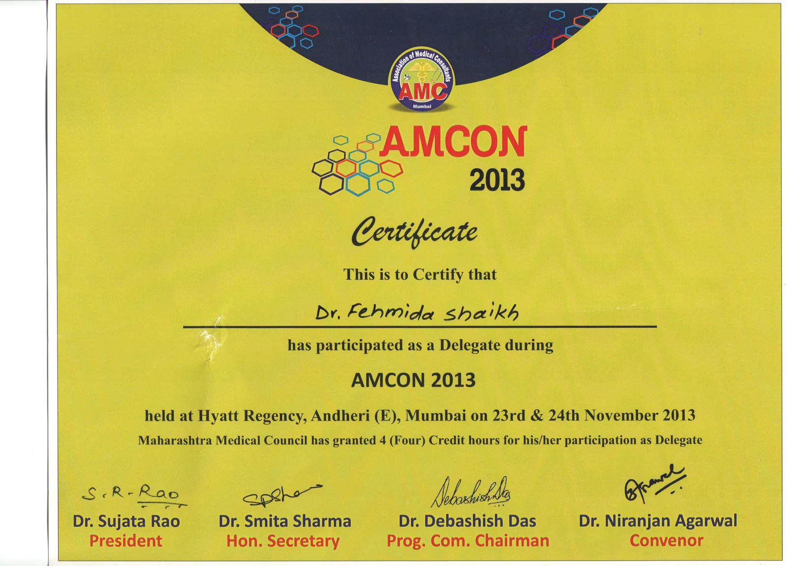 Certificate of Participation for Dr. Fehmida Shaikh at AMCON 2013 Hyatt Regency Mumbai