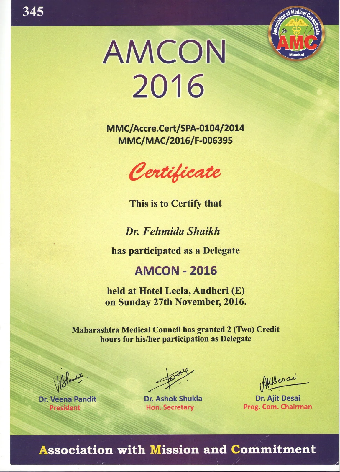 Certificate of Attendance for Dr. Fehmida Shaikh at AMCON 2016 at Hotel Leela Mumbai