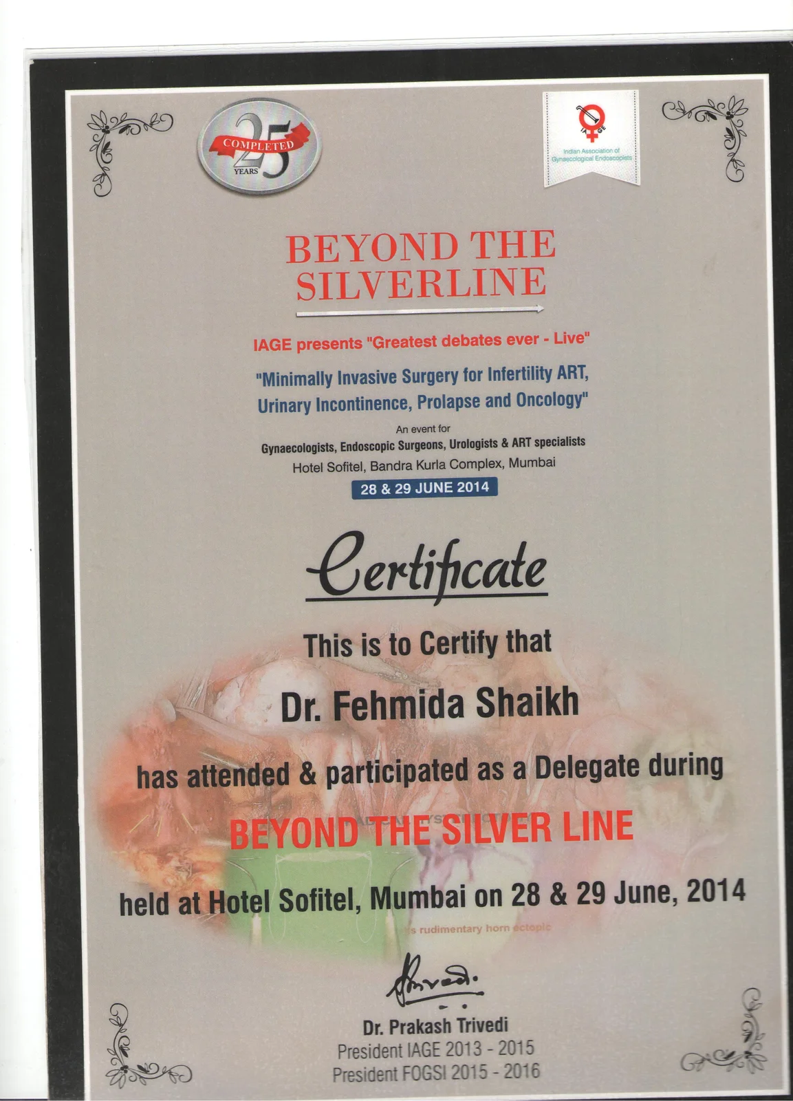 Certificate for Dr. Fehmida Shaikh at Beyond The Silver Line Endoscopic Surgery to Assist ART Hotel Sofitel Mumbai