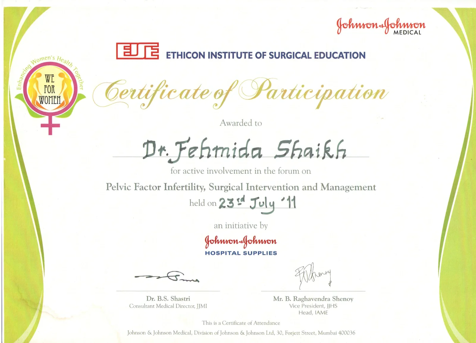 Certificate of Participation for Dr. Fehmida Shaikh at Ethicon Institute of Surgical Education