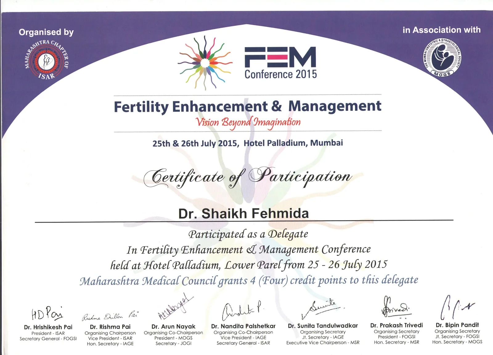 Certificate of Participation for Dr. Fehmida Shaikh at FEM 2015 Infertility Enhancement and Management Conference