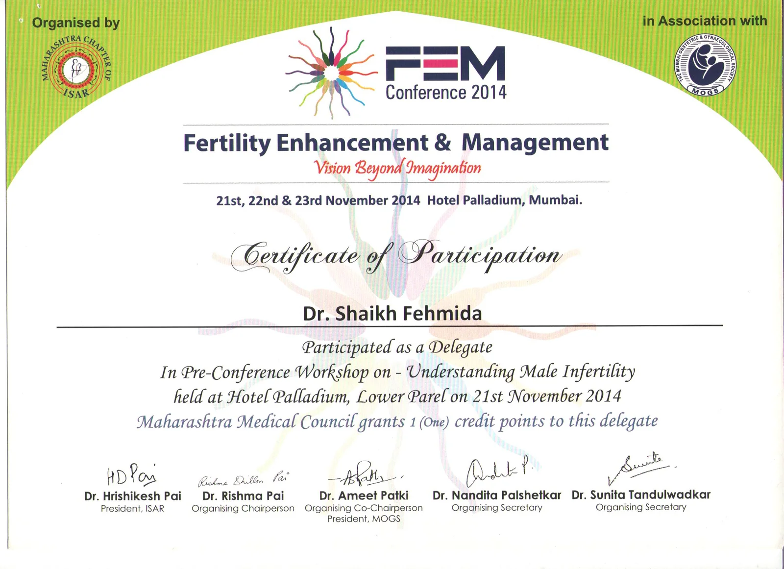 Certificate of Participation for Dr. Fehmida Shaikh in Pre-Conference Workshop on Understanding Male Infertility