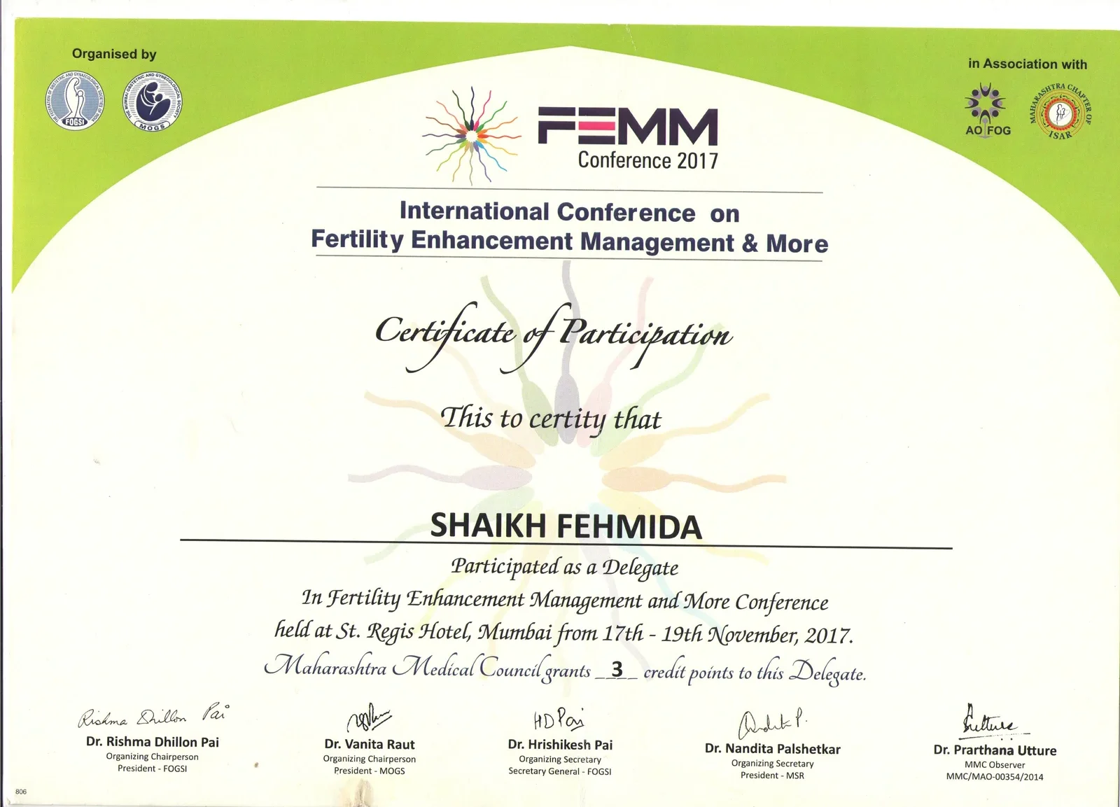 Certificate of Participation for Dr. Fehmida Shaikh at FEMM 2017 International Conference at The St. Regis Mumbai