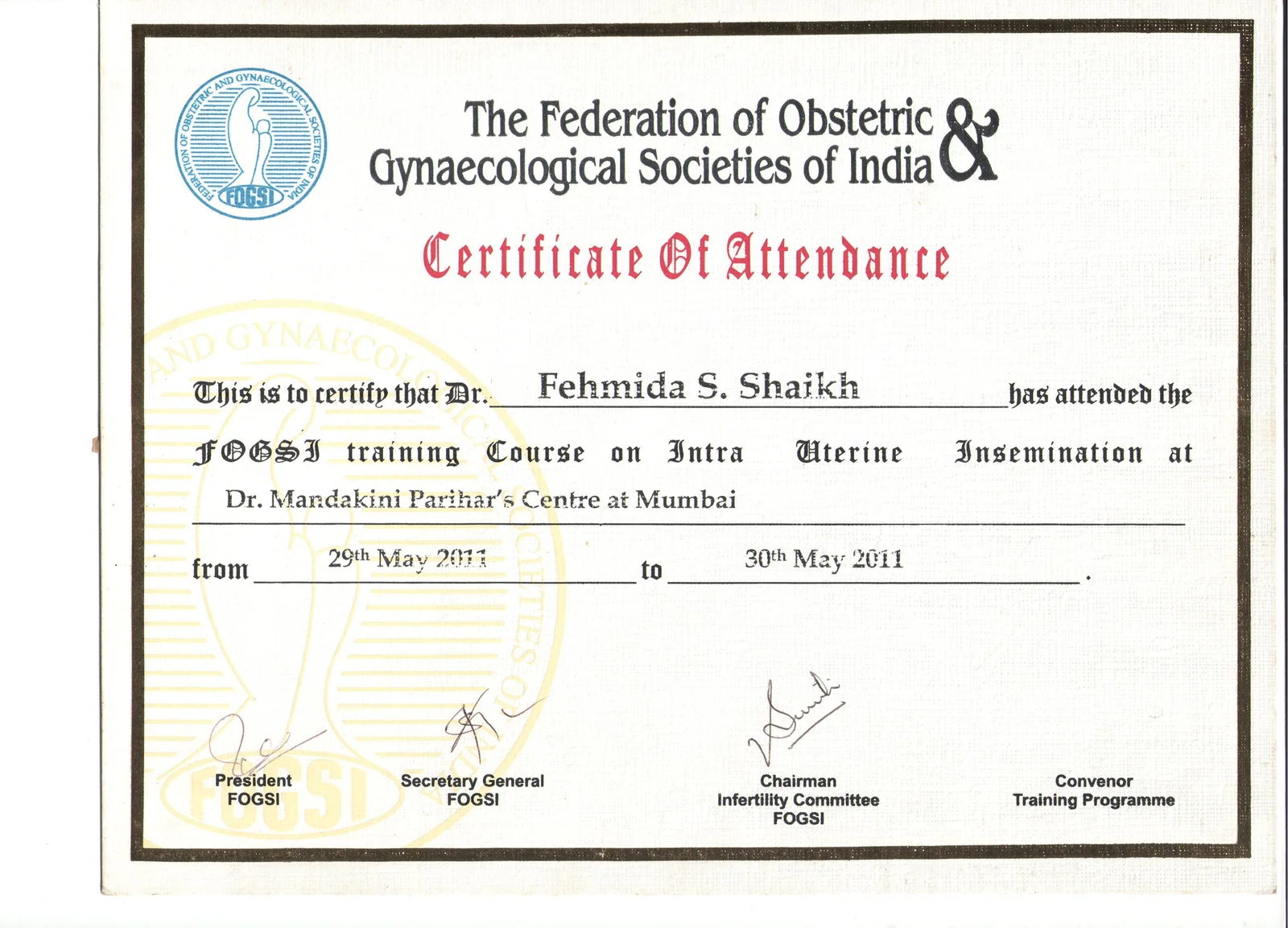 Certificate of Attendance for Dr. Fehmida Shaikh at FOGSI Training Course at Rotunda Center Mumbai