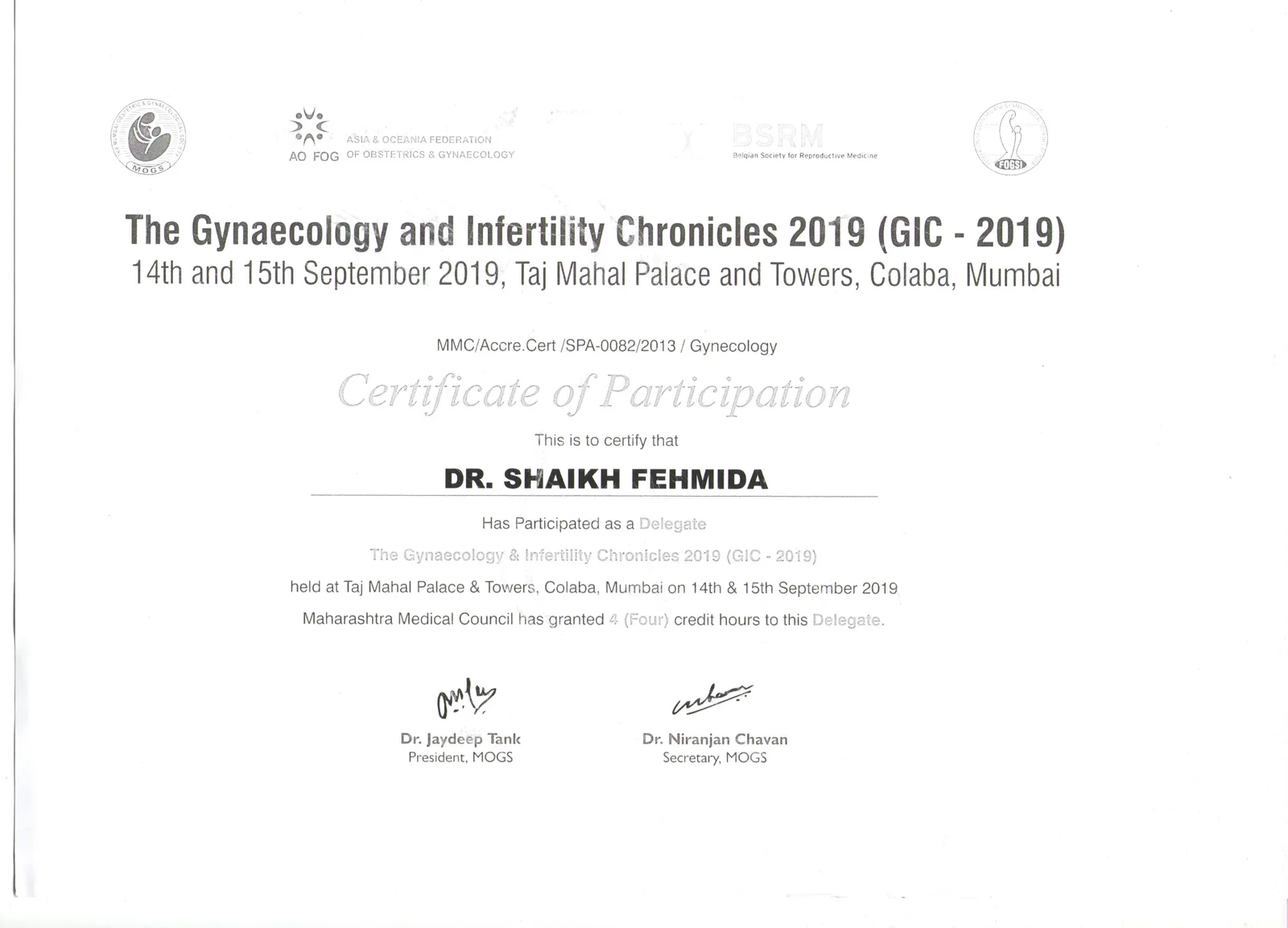 Certificate of Participation for Dr. Fehmida Shaikh at Gynaecology and Infertility Chronicles 2019