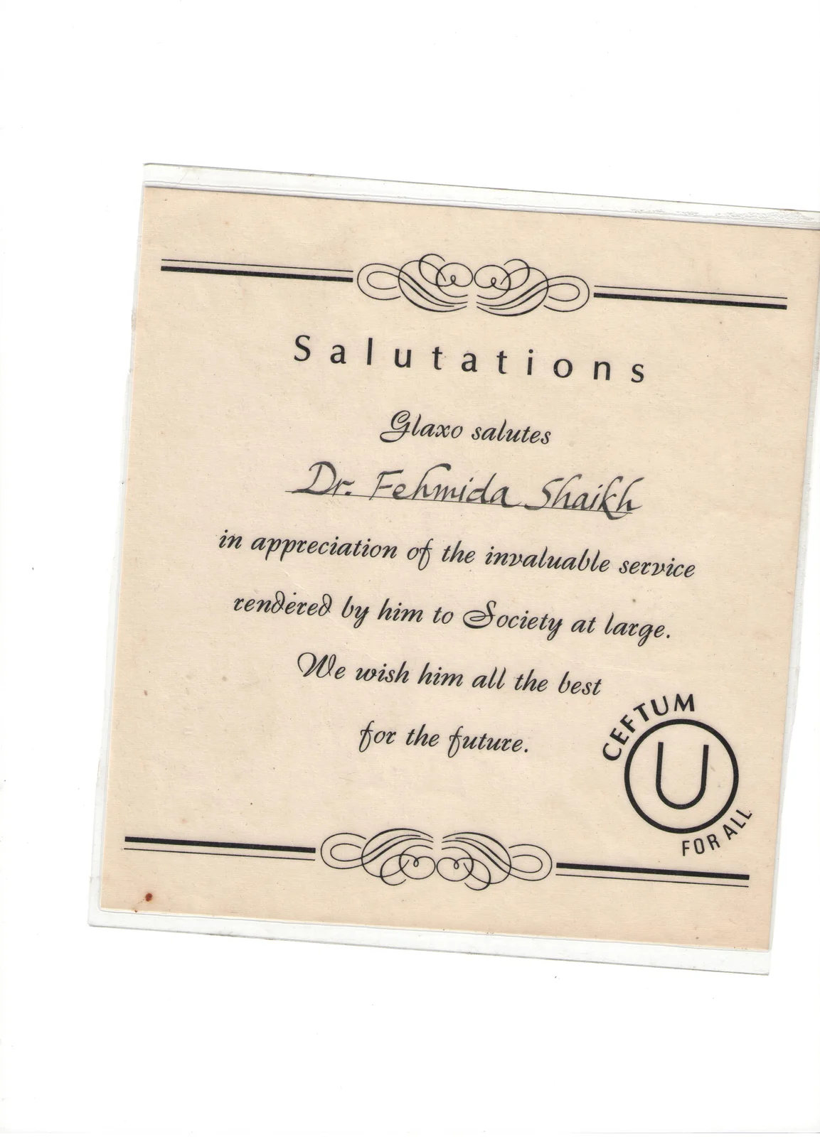 Salutations Award to Dr. Fehmida Shaikh in appreciation of invaluable medical service to society