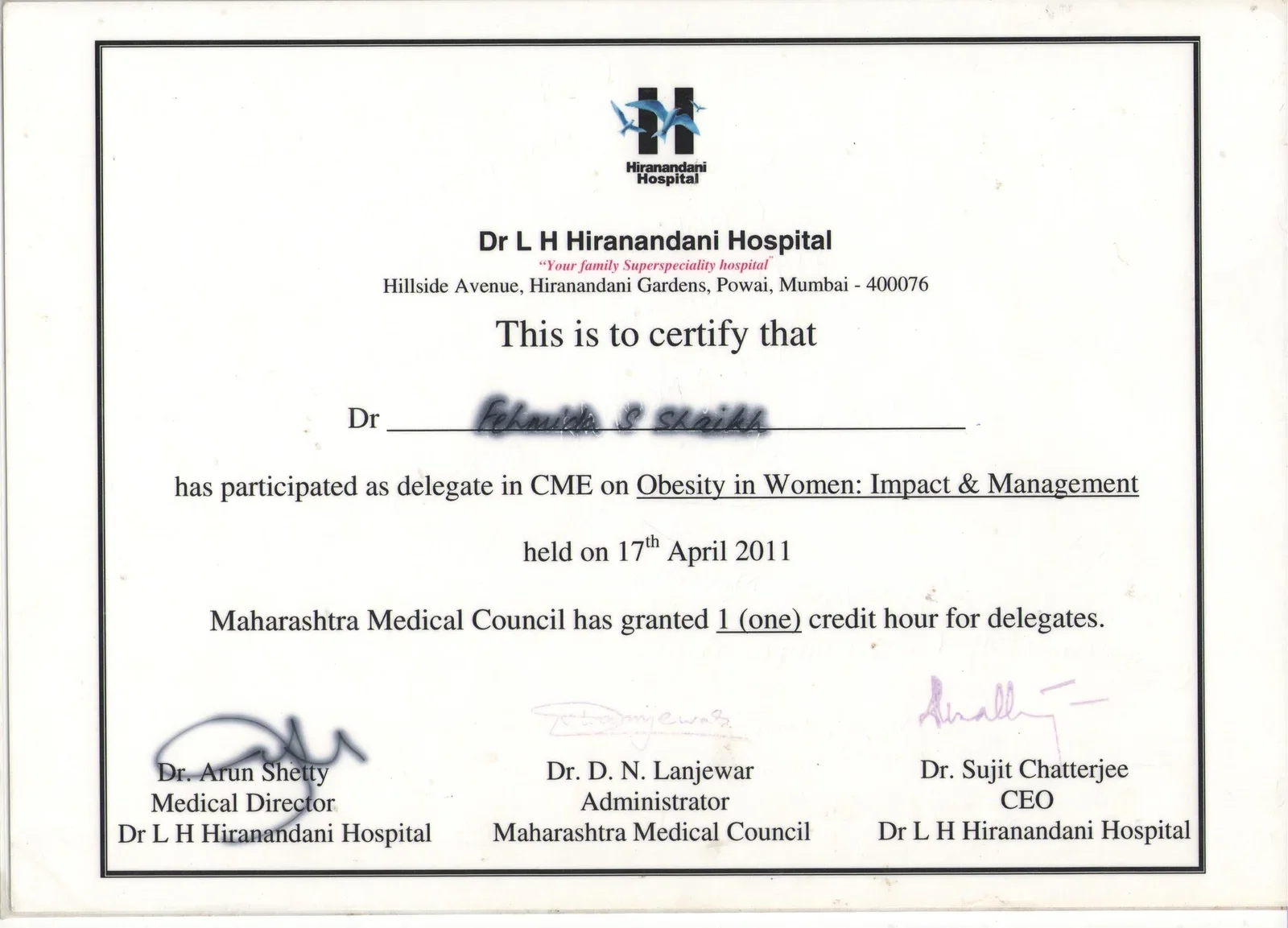 Certificate of Participation for Dr. Fehmida Shaikh at Dr. L H Hiranandani Hospital CME on Practical Issues in Women Health