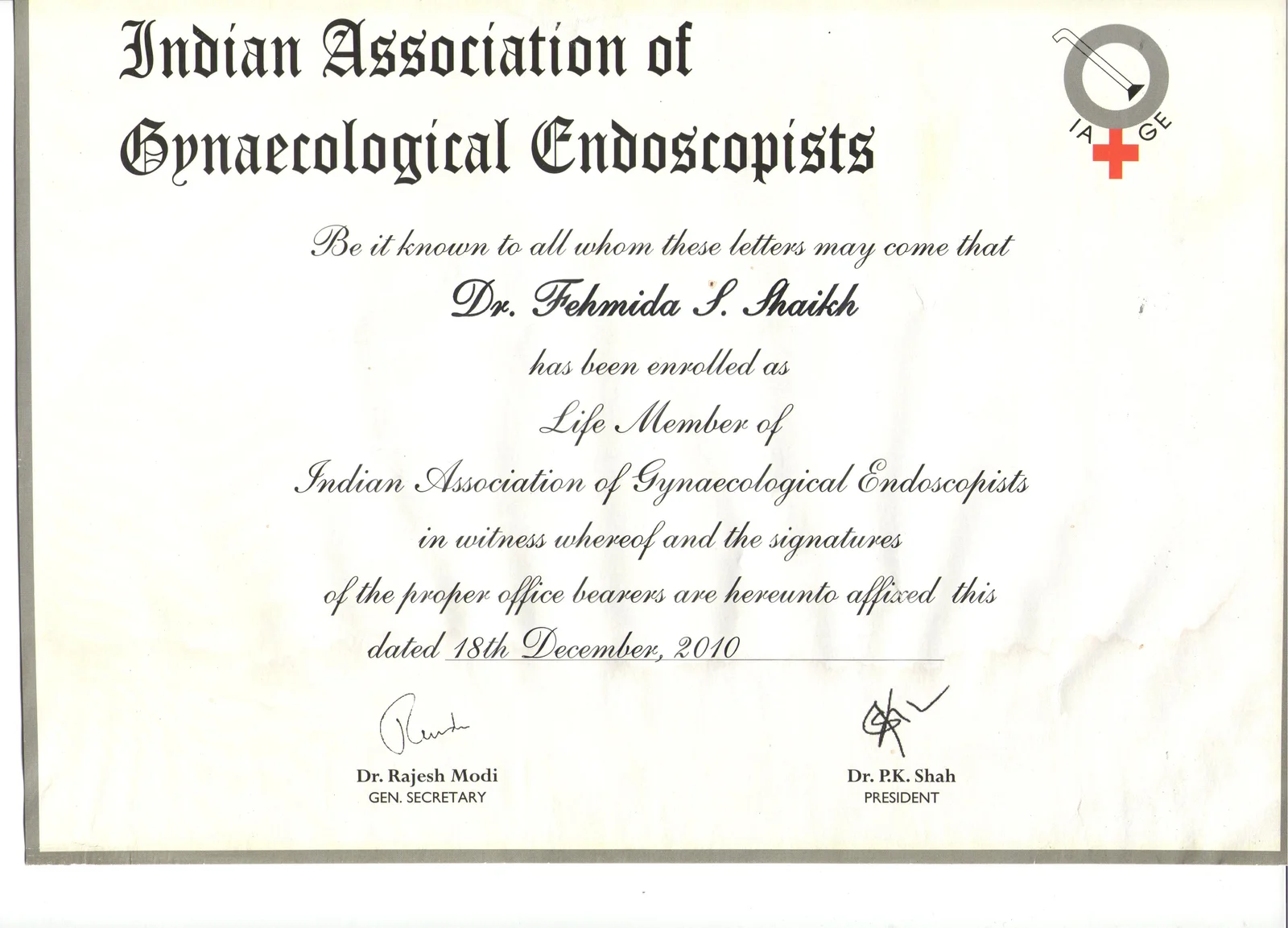 Certificate for Dr. Fehmida Shaikh at Indian Association of Gynaecological Endoscopists Annual Conference