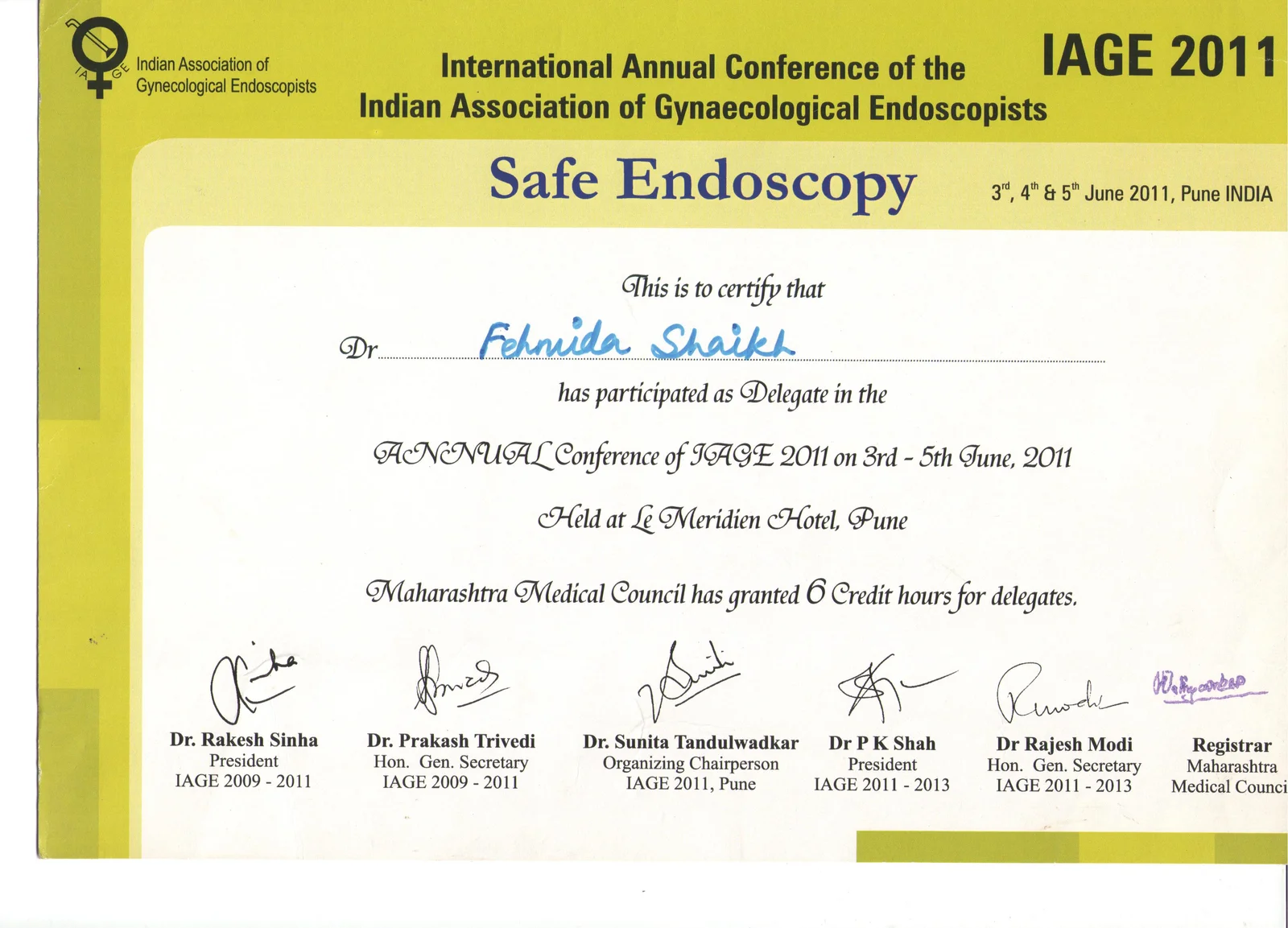 Certificate of Participation for Dr. Fehmida Shaikh at the International Annual Conference of the Indian Association of Gynaecological Endoscopists