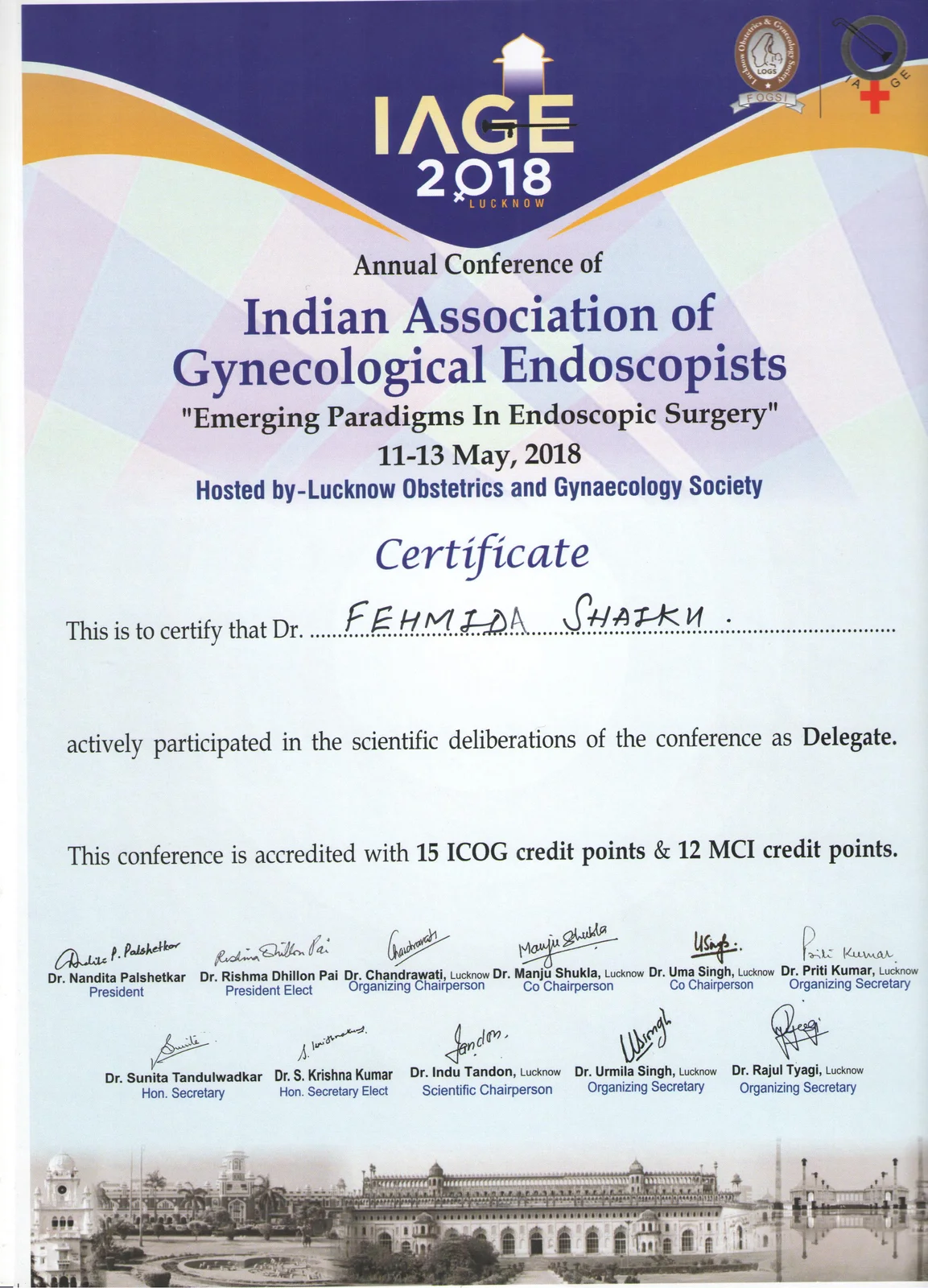 Certificate of Participation for Dr. Fehmida Shaikh at IAGE Annual Conference in Lucknow
