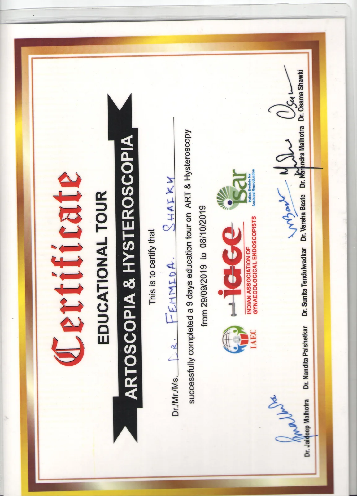 Certificate for Dr. Fehmida Shaikh at IAGE International Tour on Artoscopia and Hysteroscopia in Israel