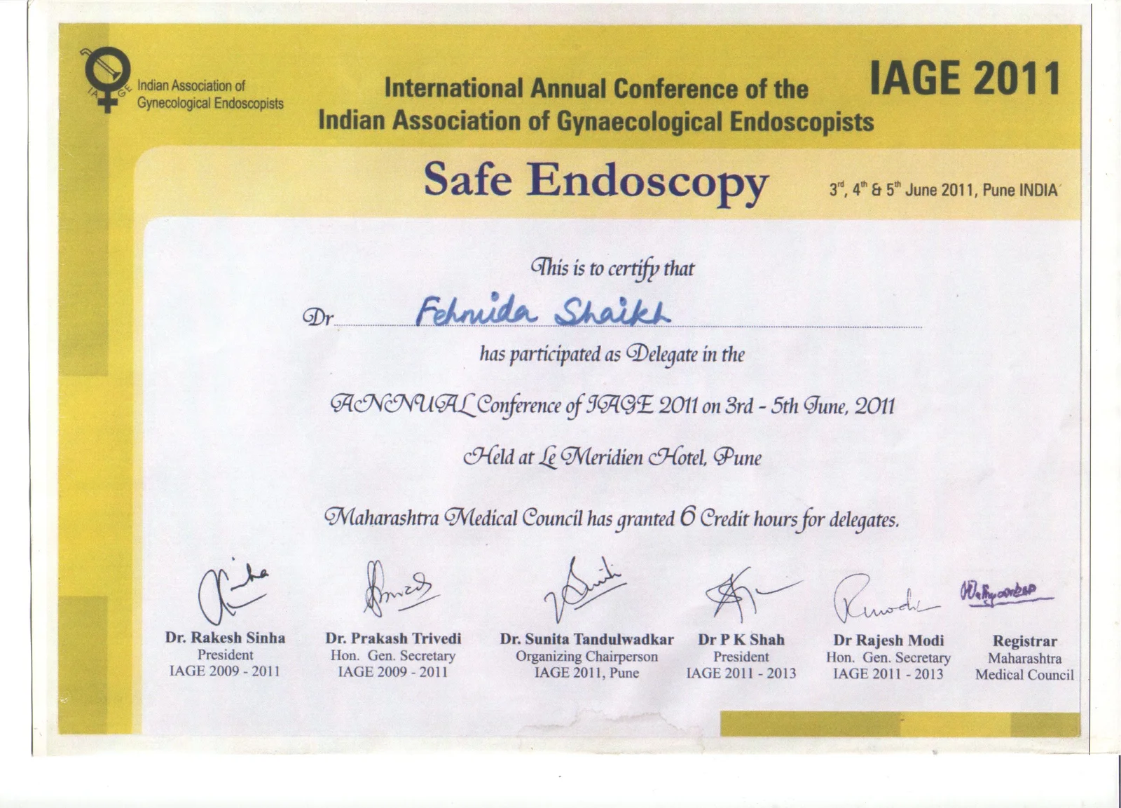 Certificate of Participation for Dr. Fehmida Shaikh at Indian Association of Gynaecological Endoscopists Safe Endoscopy Conference