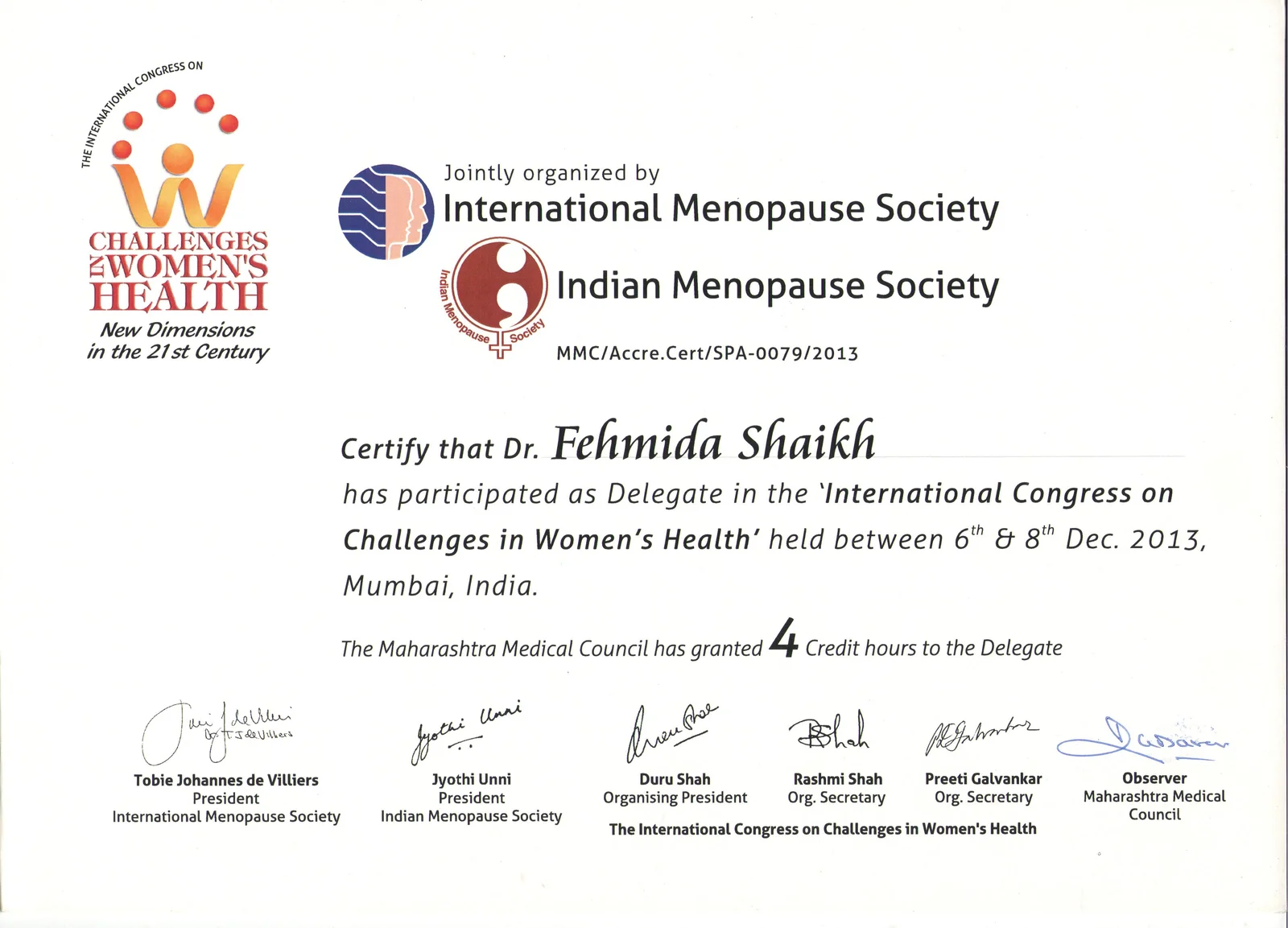 Certificate of Participation for Dr. Fehmida Shaikh at International Menopause Society and IMS Congress