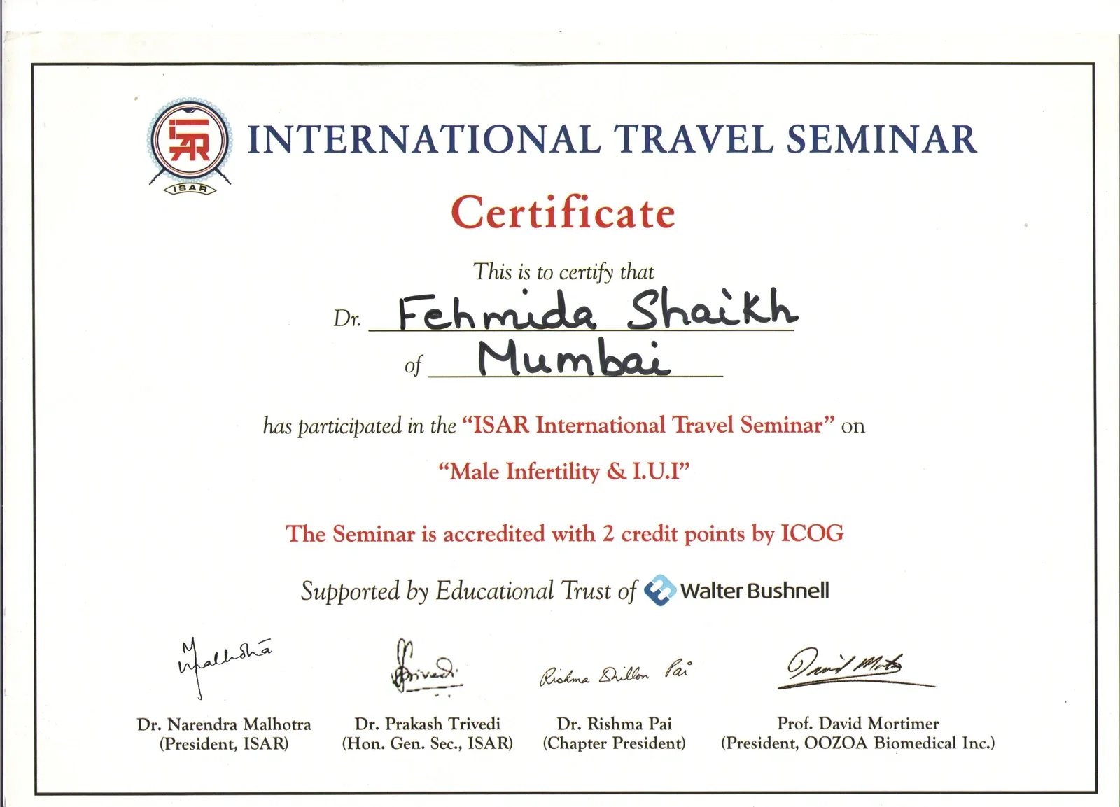 Certificate for Dr. Fehmida Shaikh at Indian Society for Assisted Reproduction International Seminar on Male Infertility and IUI