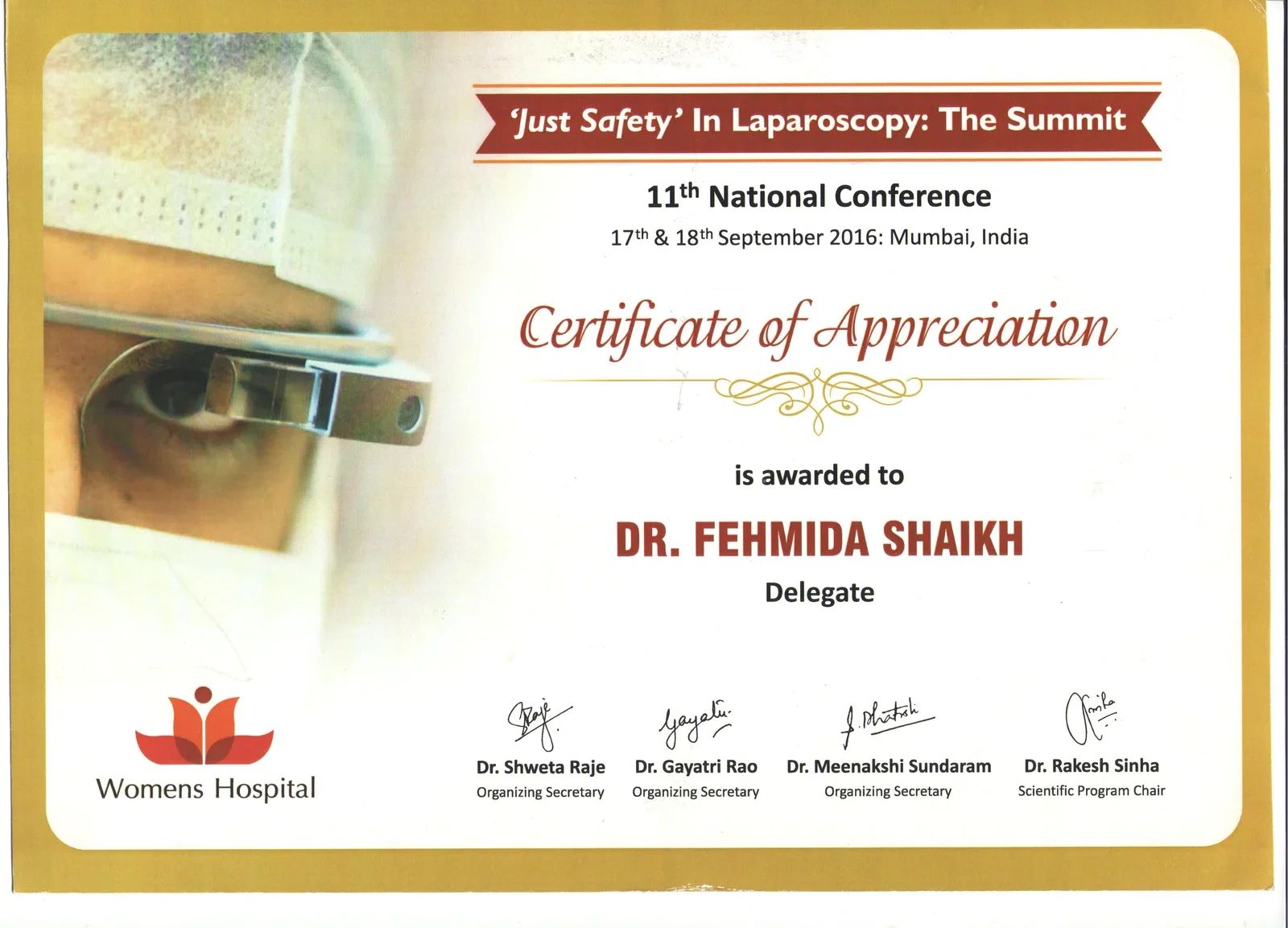 Certificate of Appreciation awarded to Dr. Fehmida Shaikh at 11th National Conference Just Safety in Laparoscopy