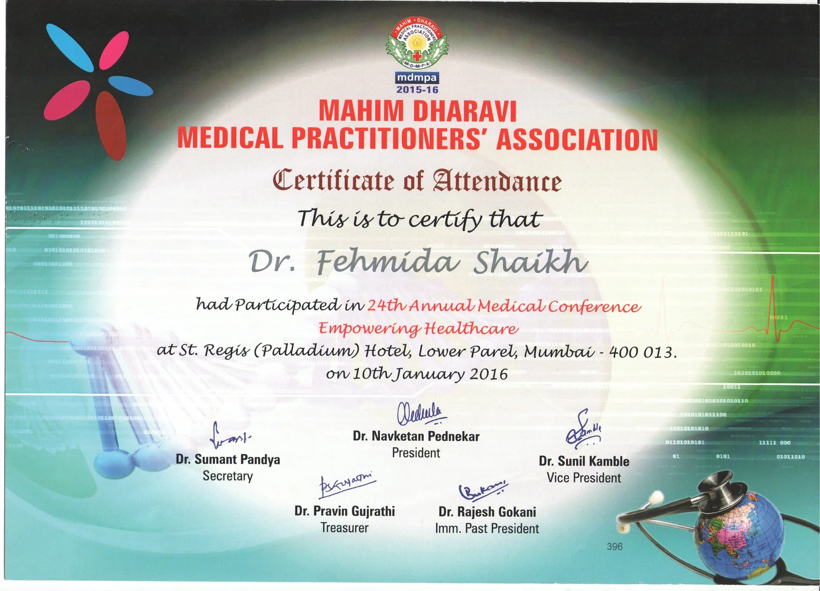 Certificate of Attendance awarded to Dr. Fehmida Shaikh at the 24th Annual Medical Conference Empowering Healthcare at St. Regis Hotel Mumbai