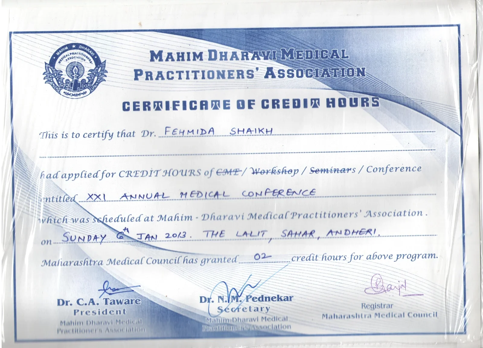 Certificate of Credit Hours awarded to Dr. Fehmida Shaikh at Mahim Dharavi Medical Practitioners Association CME