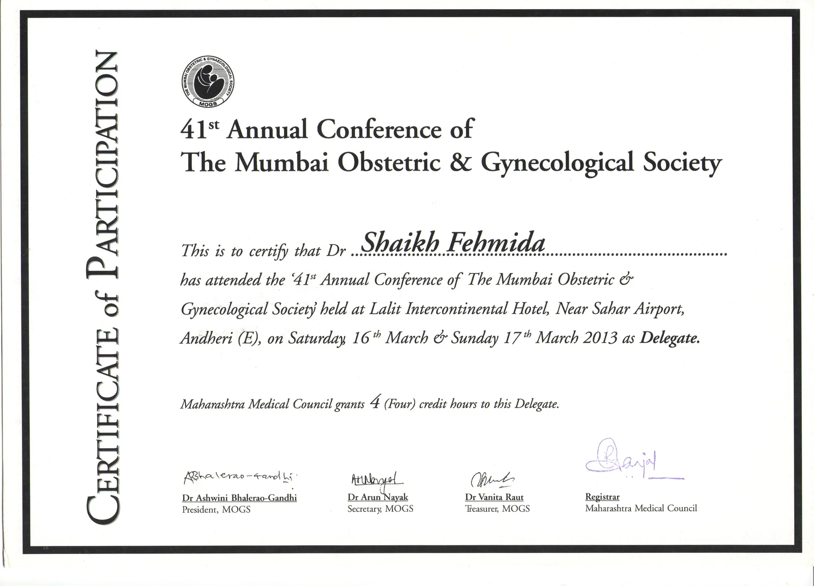 Certificate of Participation for Dr. Shaikh Fehmida at the 41st Annual Conference of The Mumbai Obstetric and Gynaecological Society
