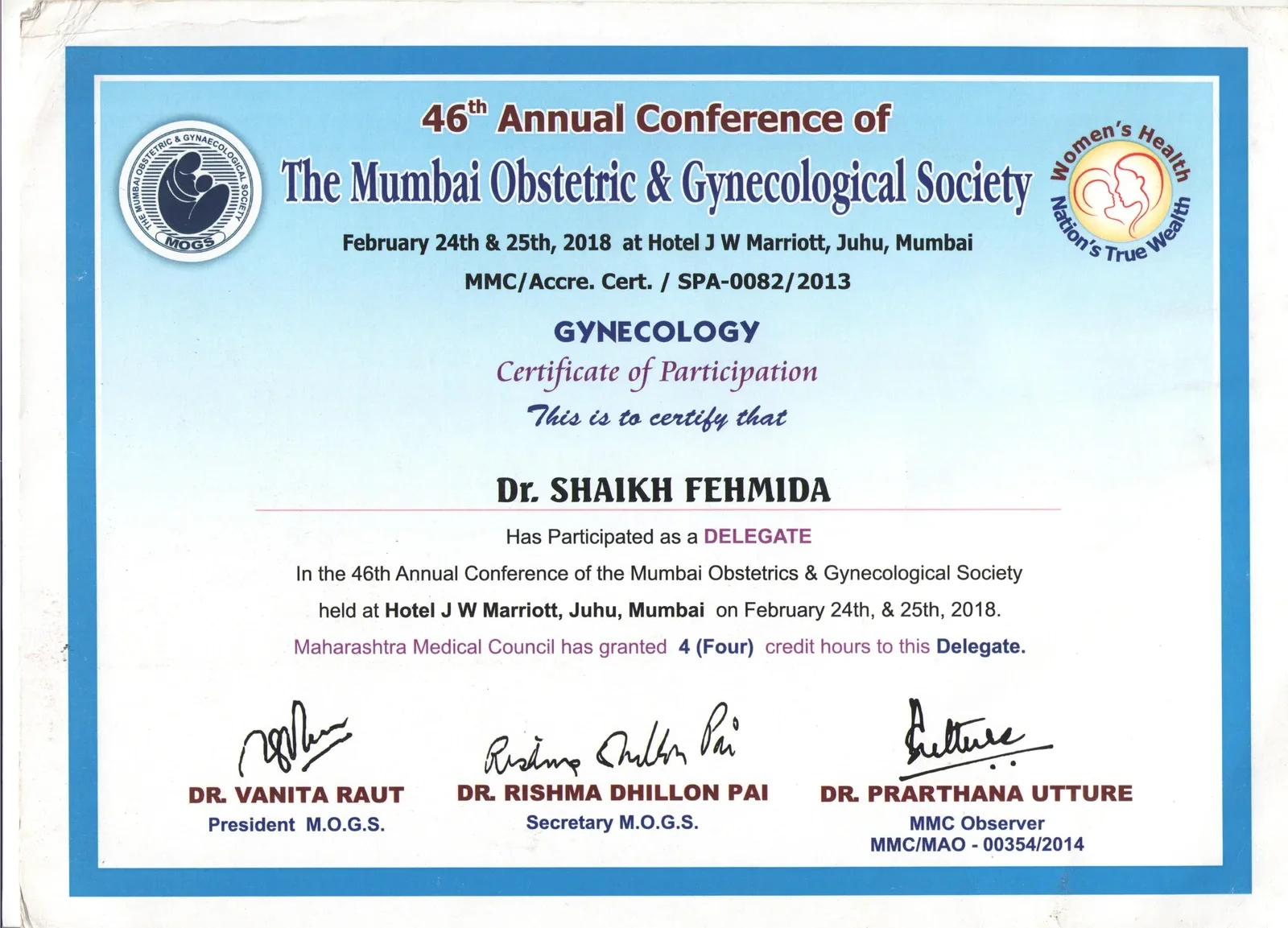 Certificate of Participation for Dr. Shaikh Fehmida at the 46th Annual Conference of The Mumbai Obstetric and Gynaecological Society