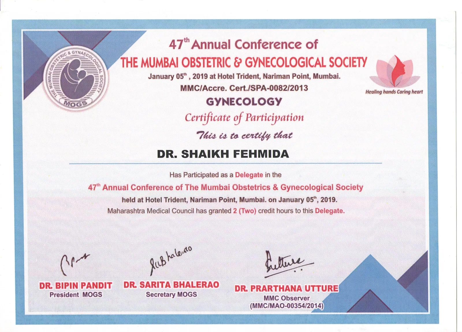 Certificate of Participation for Dr. Shaikh Fehmida at the 47th Annual Conference of The Mumbai Obstetric and Gynaecological Society