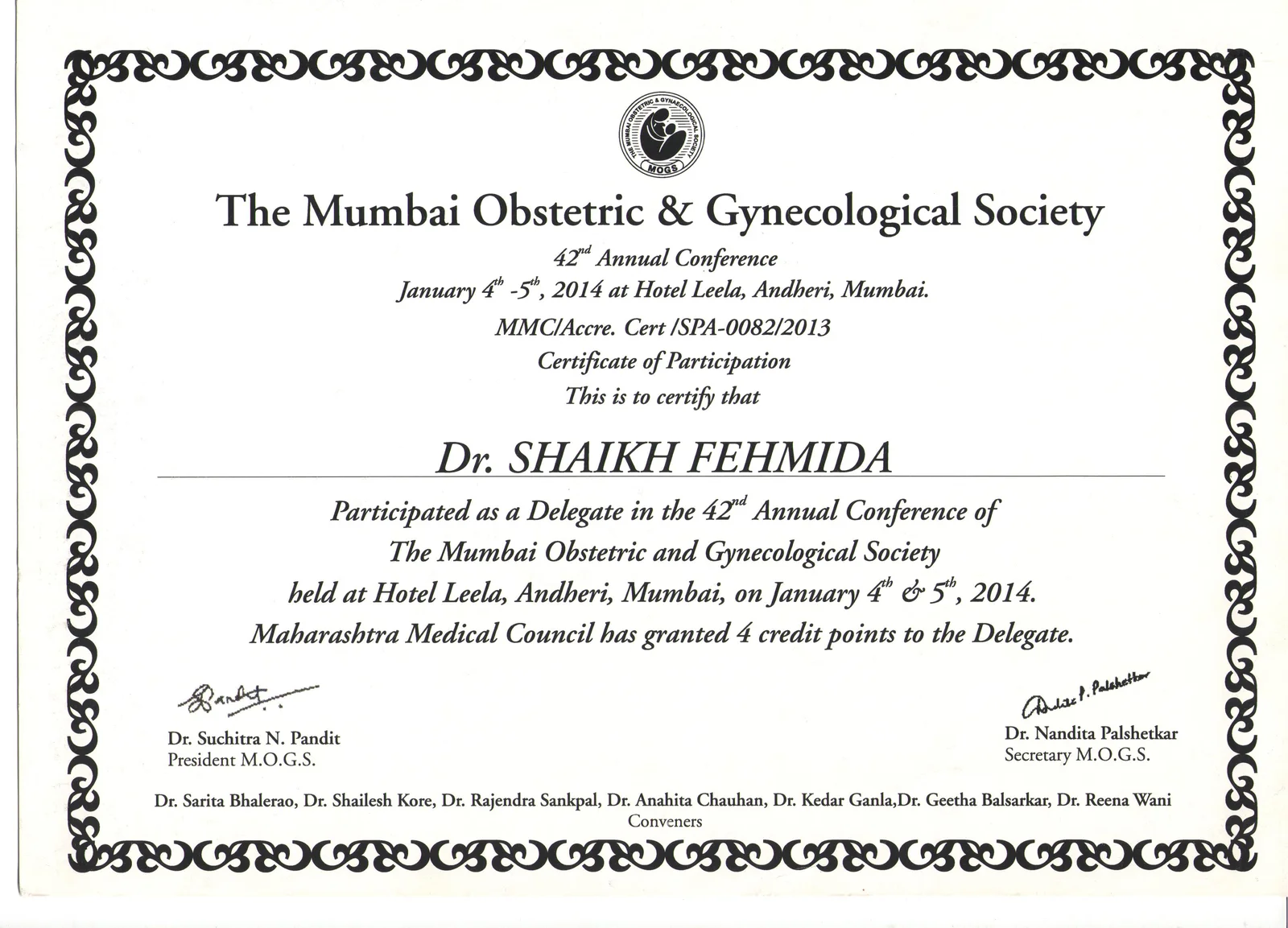 Certificate of Attendance for Dr. Shaikh Fehmida at The Mumbai Obstetric and Gynaecological Society CME