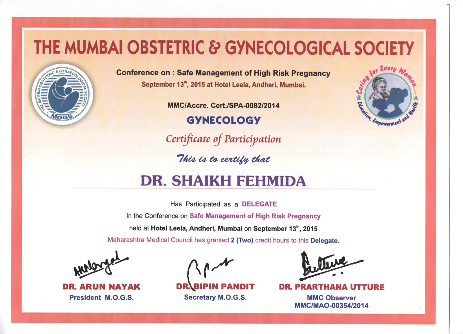 Certificate for Dr. Shaikh Fehmida at MOGS Safe Motherhood Symposium on High Risk Pregnancy