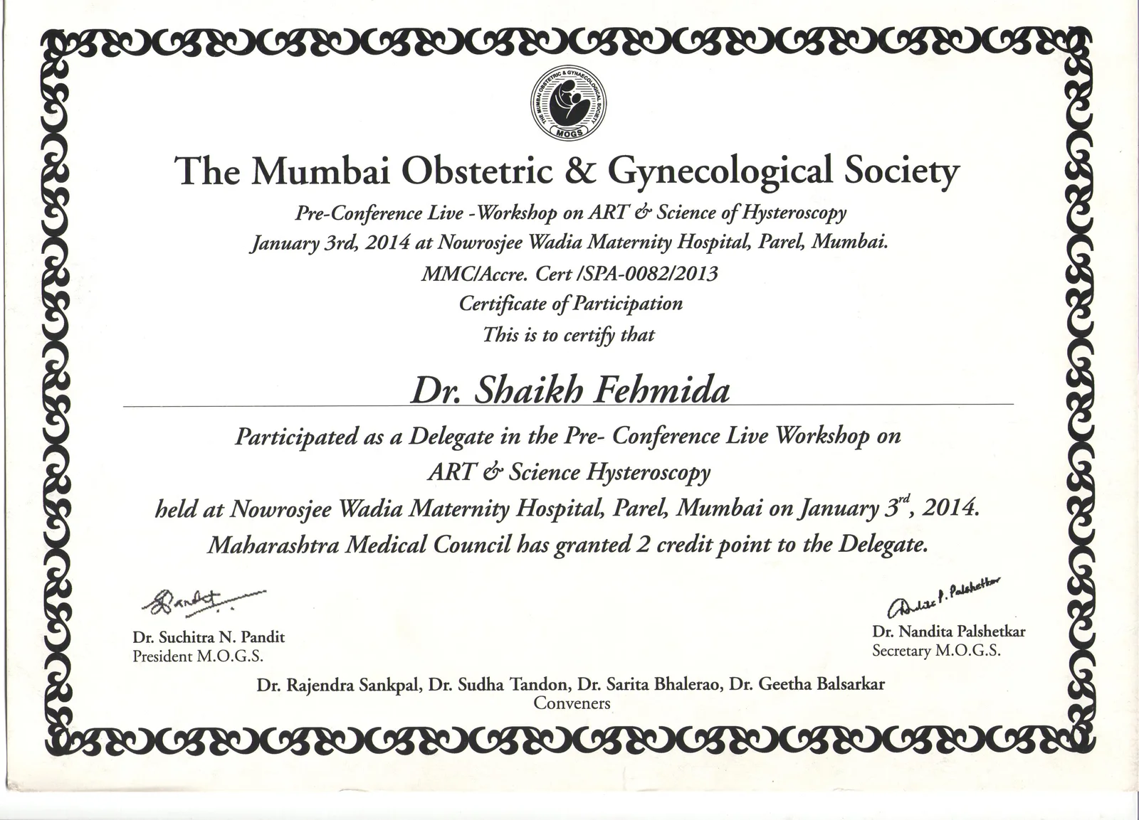 Certificate of Participation for Dr. Shaikh Fehmida at MOGS Pre-Conference Live Workshop
