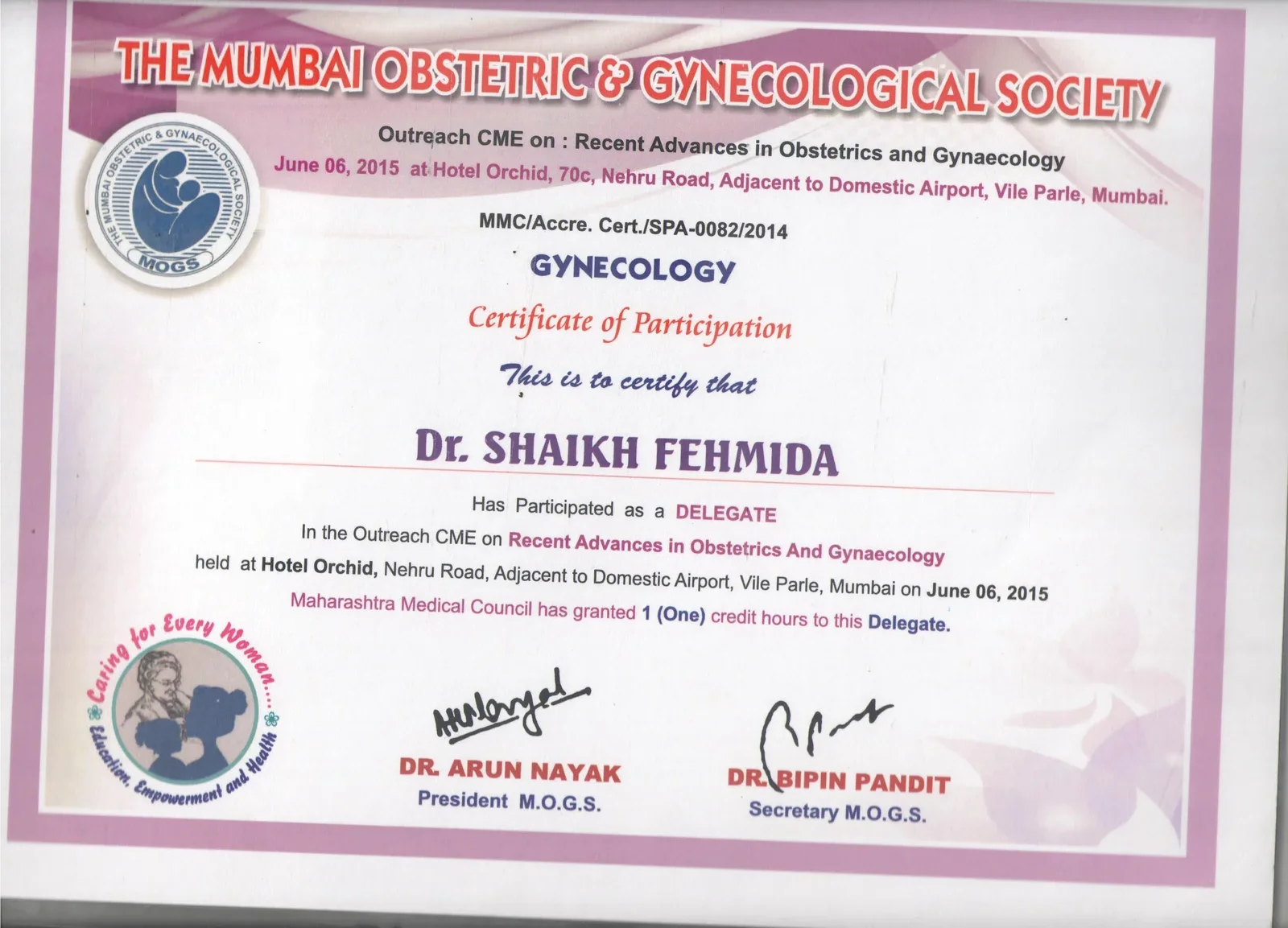 Certificate of Attendance for Dr. Shaikh Fehmida at MOGS Obstetrics and Gynaecology Conference