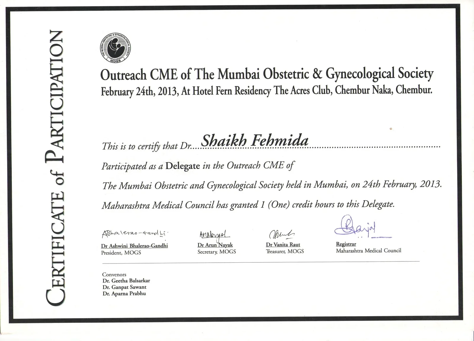 Certificate of Participation for Dr. Fehmida Shaikh at Mumbai Obstetric and Gynaecological Society Outreach CME