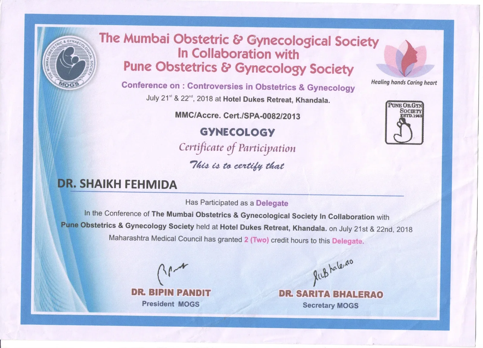 Certificate of Participation for Dr. Shaikh Fehmida at MOGS and POGS Joint Conference
