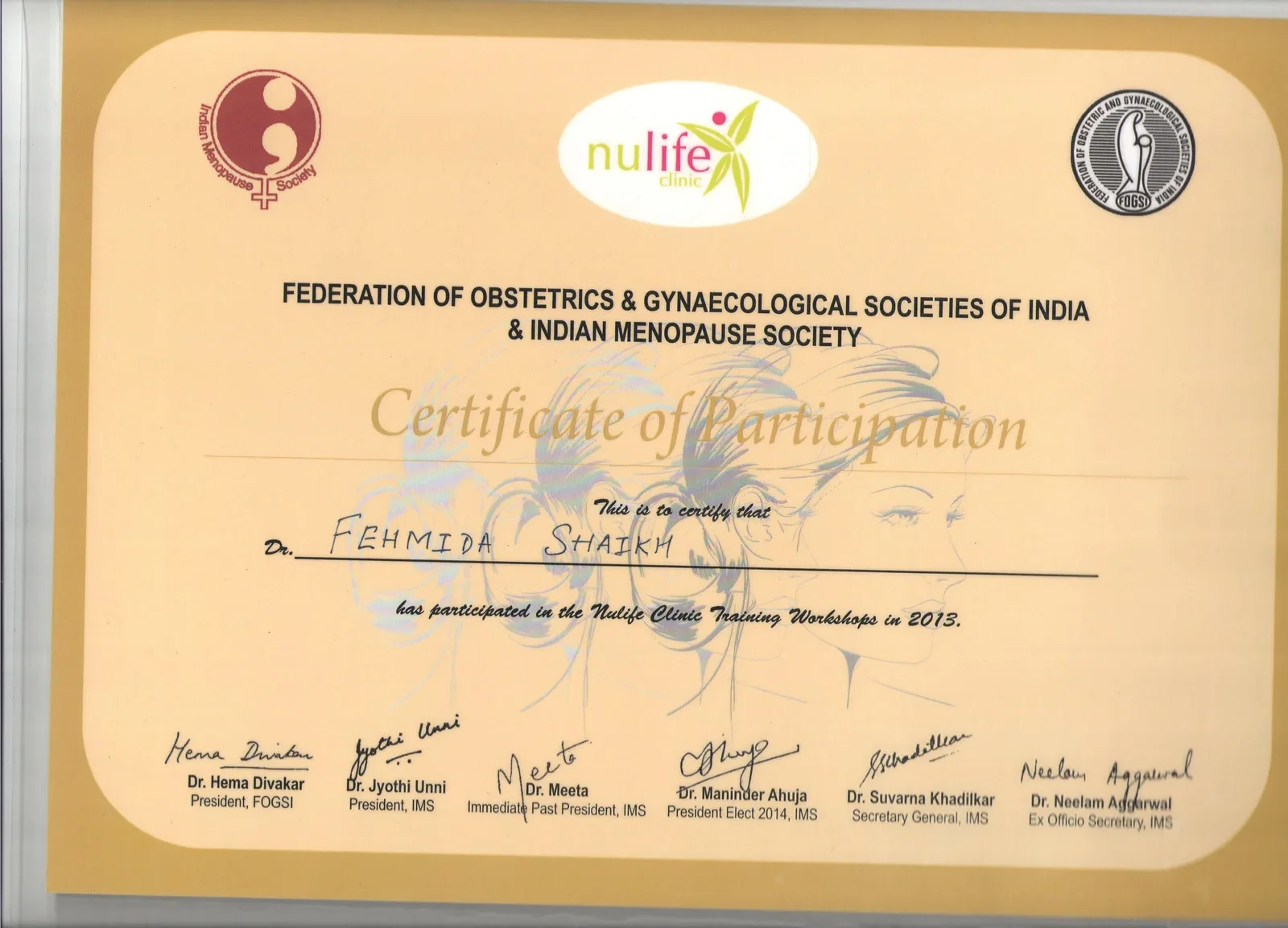 Certificate of Participation for Dr. Fehmida Shaikh at NuLife Hospital FOGSI and Indian Menopause Society Symposium