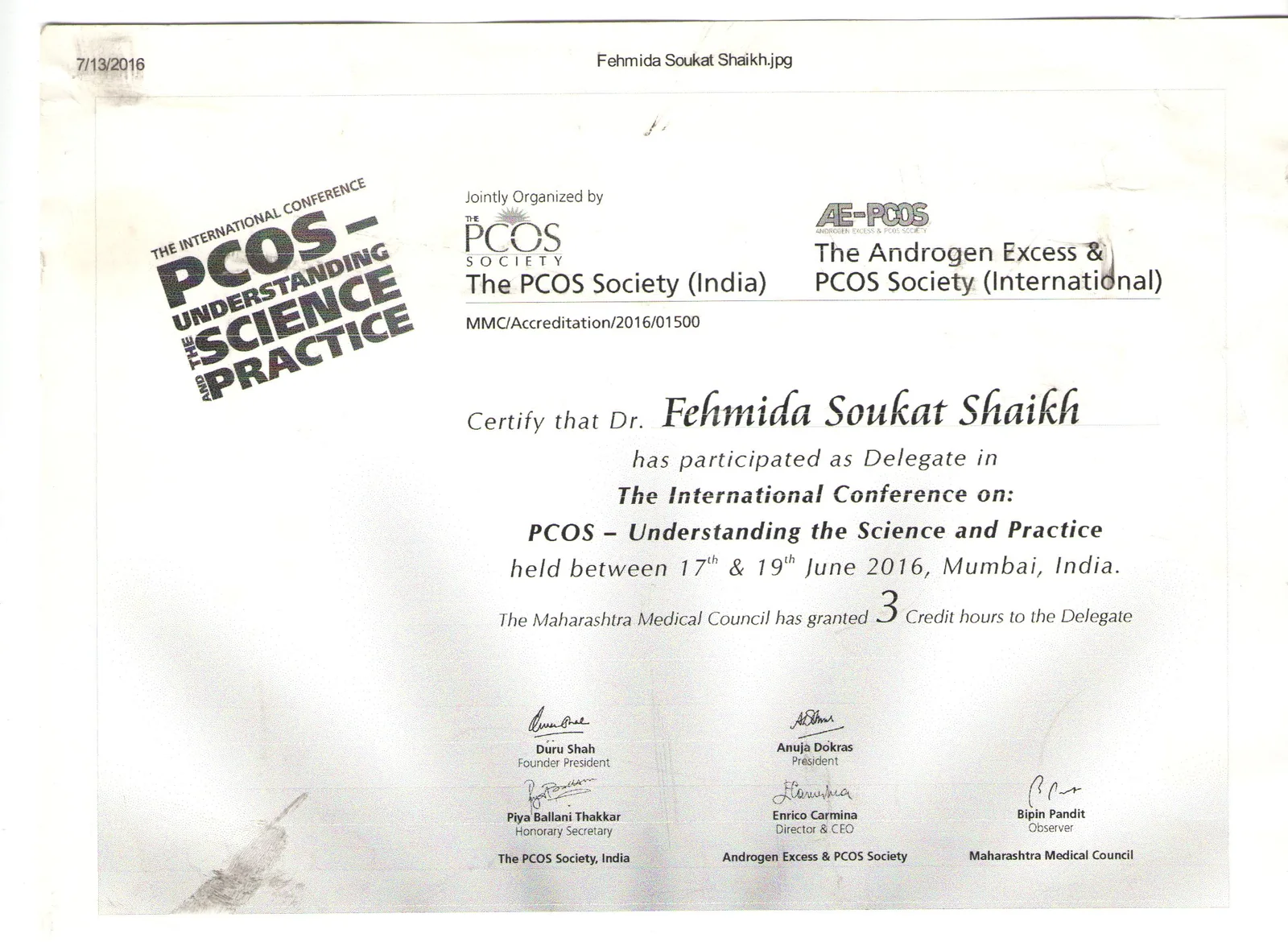 Certificate of Participation for Dr. Fehmida Soukat Shaikh at The International Conference on PCOS Understanding the Science and Practice