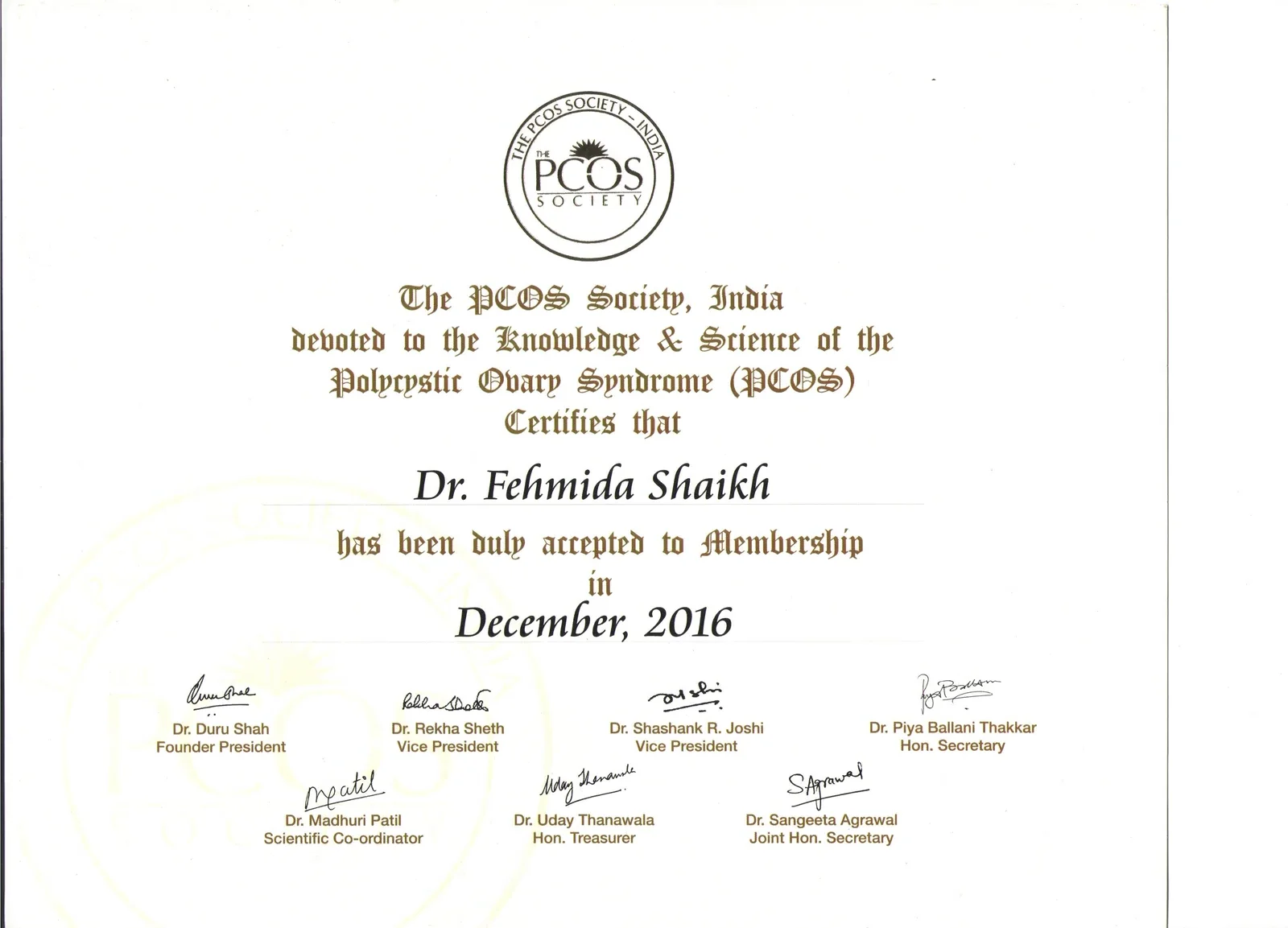 Certificate confirming Dr. Fehmida Shaikh has been accepted to membership of The PCOS Society of India