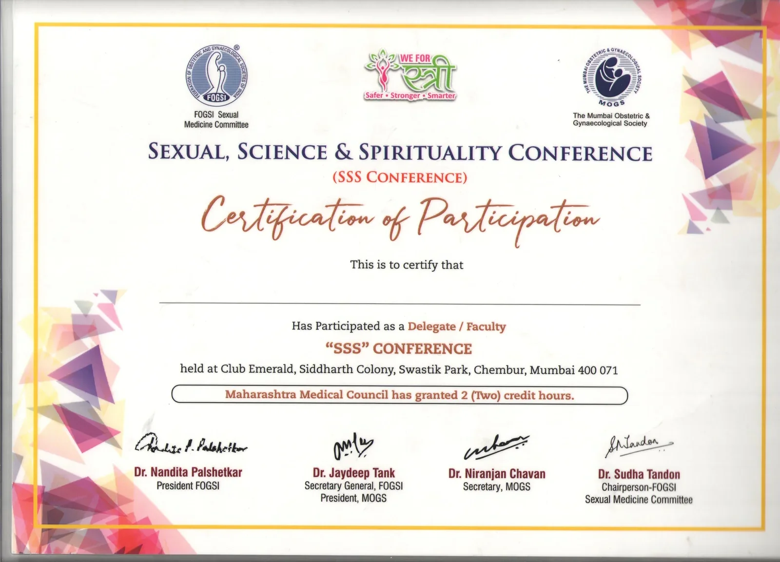 Certificate of Participation for Dr. Fehmida Shaikh at Sexual Science and Spirituality Conference Mumbai