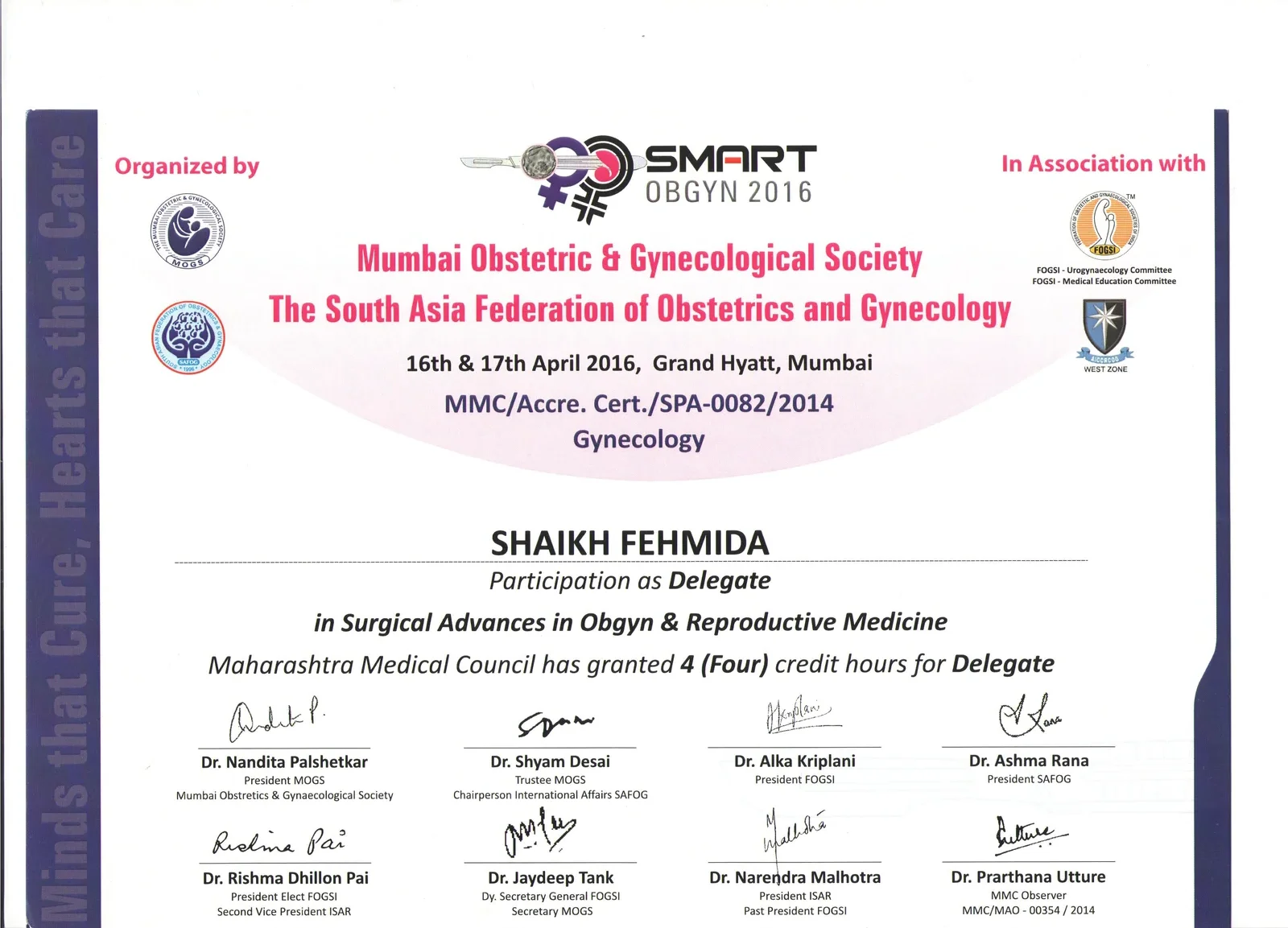 Certificate of Participation for Dr. Shaikh Fehmida at SMART 2016 Hotel Grand Hyatt Mumbai