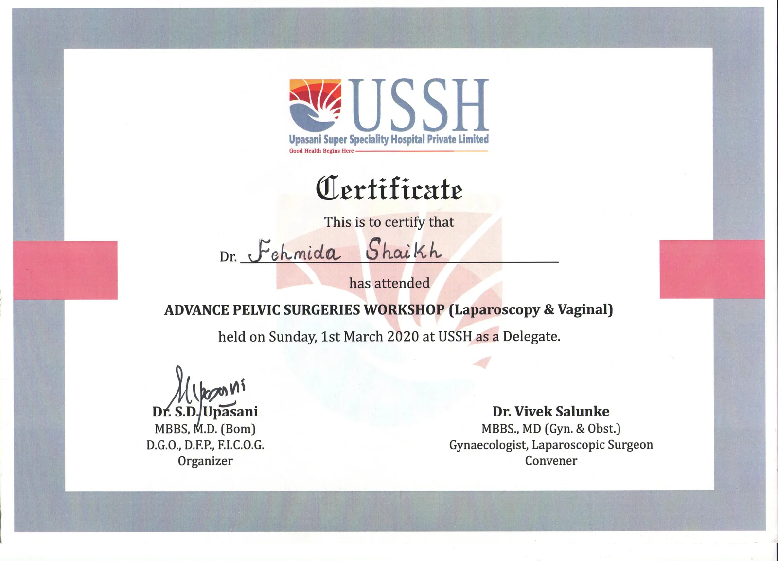Certificate of Training in Advanced Hysteroscopy awarded to Dr. Fehmida Shaikh