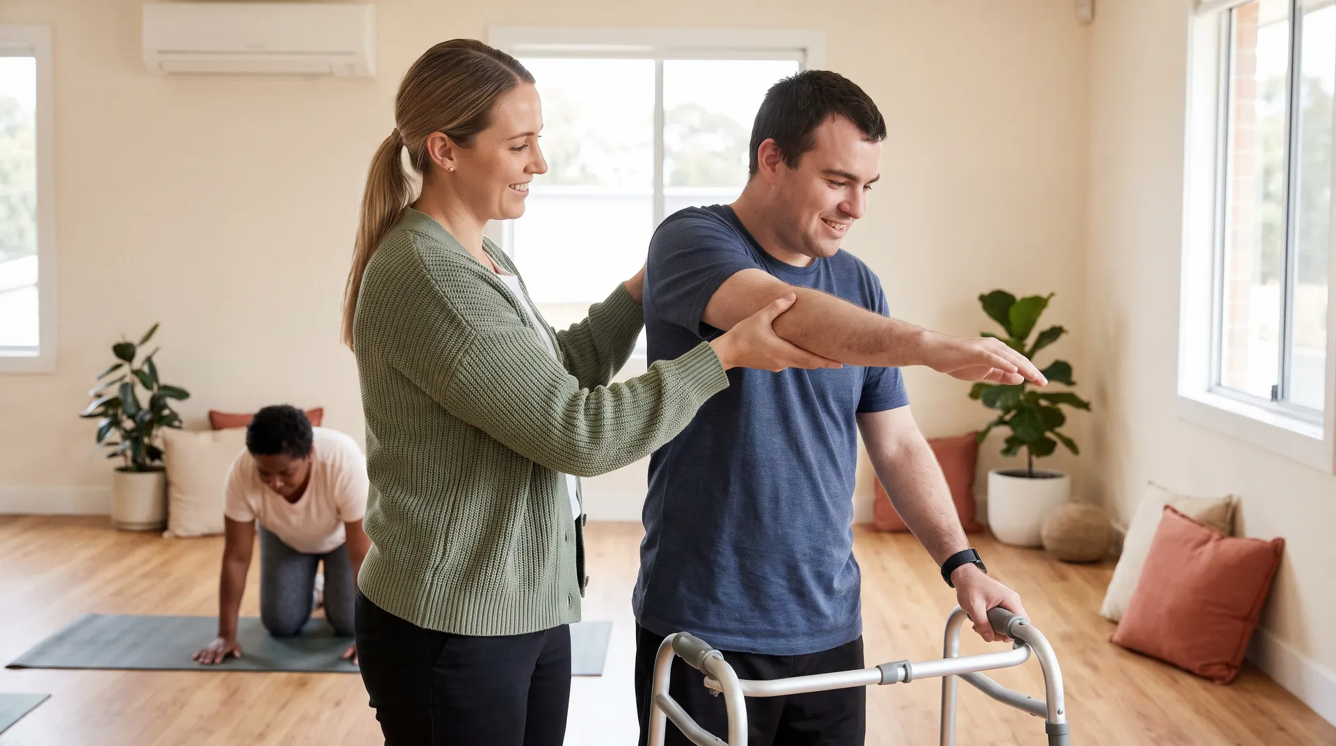 A physiotherapist guiding a man through an arm stretch as he uses a walking frame