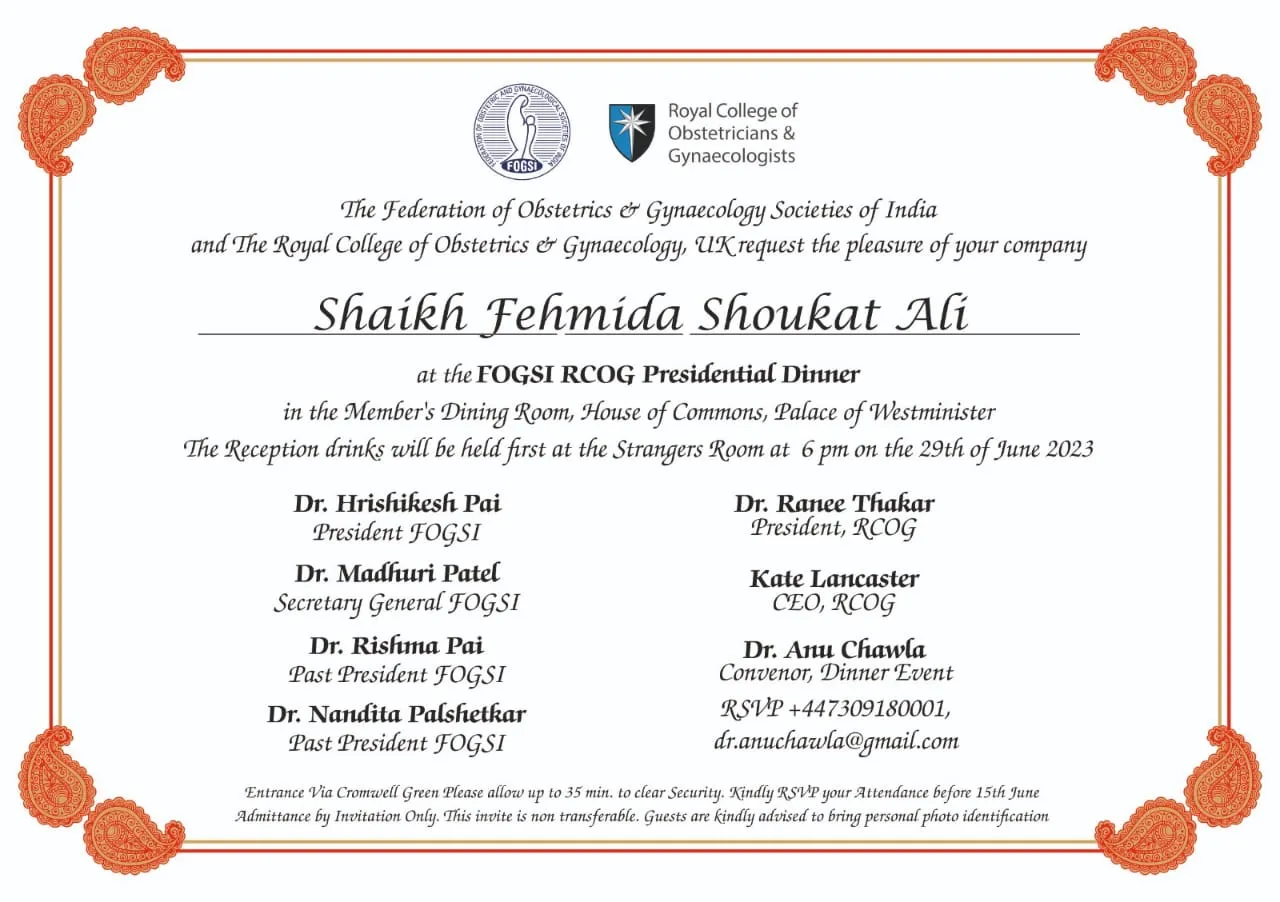 Official Royal College Presidential Dinner invitation for Shaikh Fehmida Shoukat Ali at Palace of Westminster